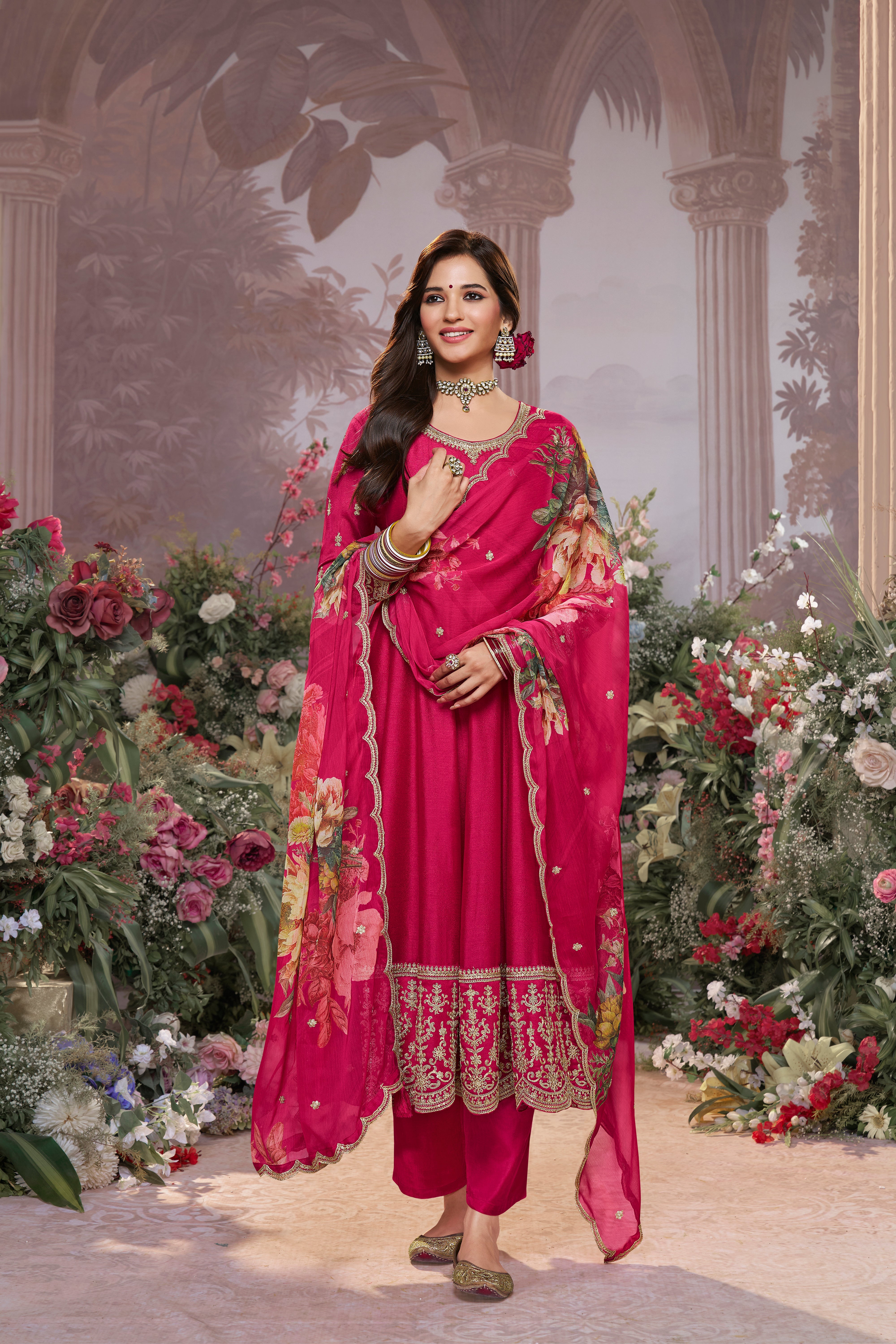 Rani Pink Embellished Raw Silk Anarkali Set