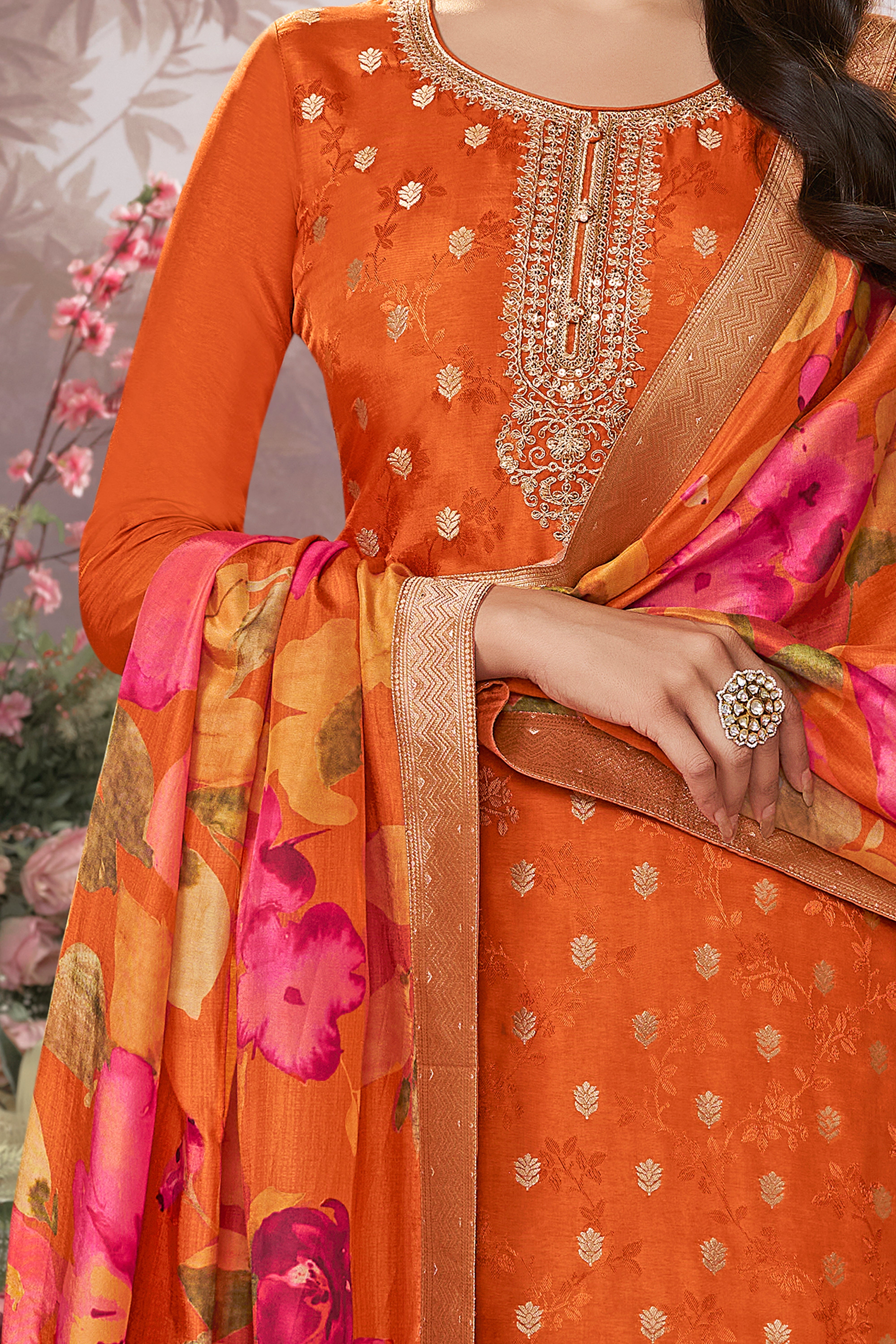 Vibrant Orange Embellished Brocade Silk Palazzo Set