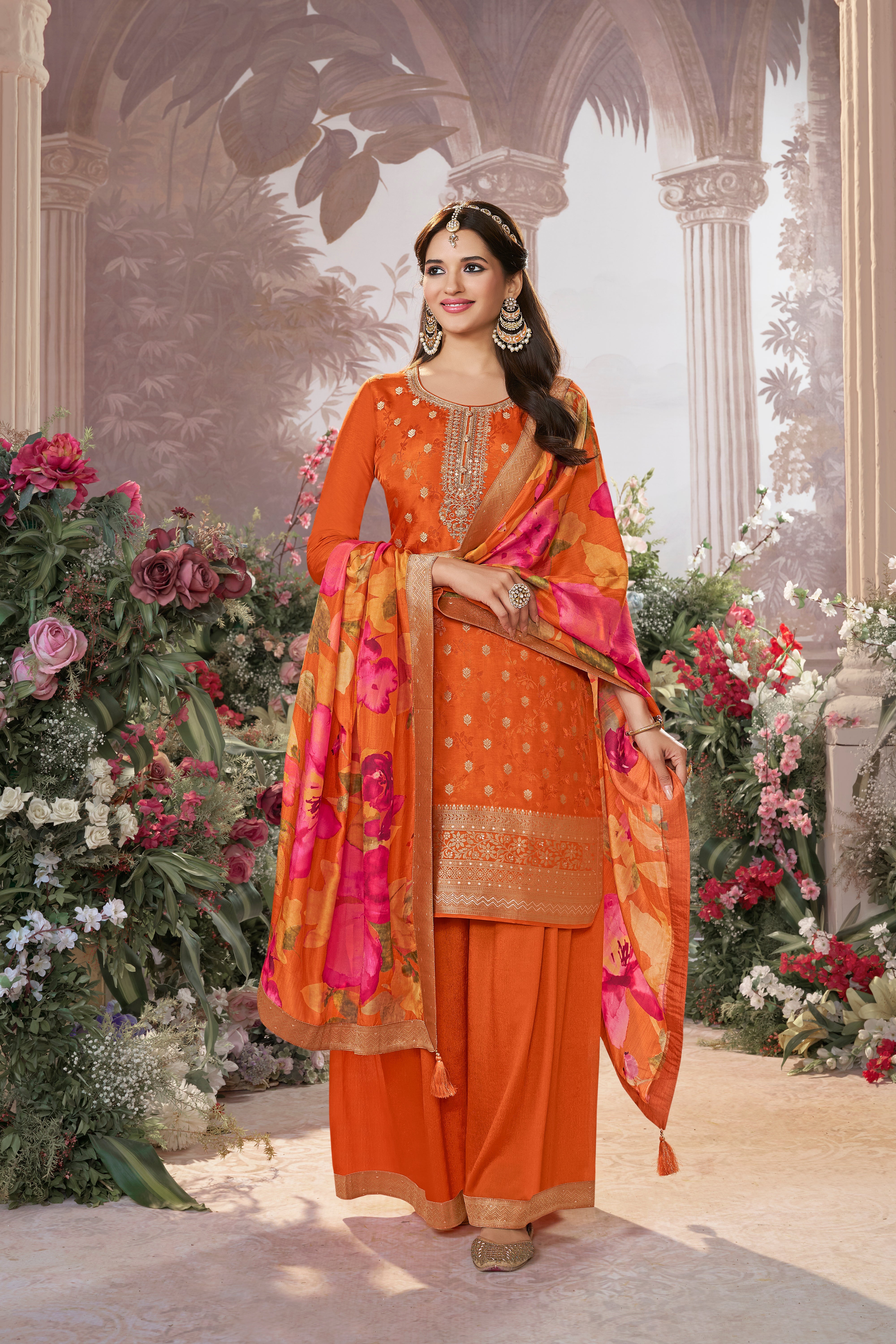 Vibrant Orange Embellished Brocade Silk Palazzo Set
