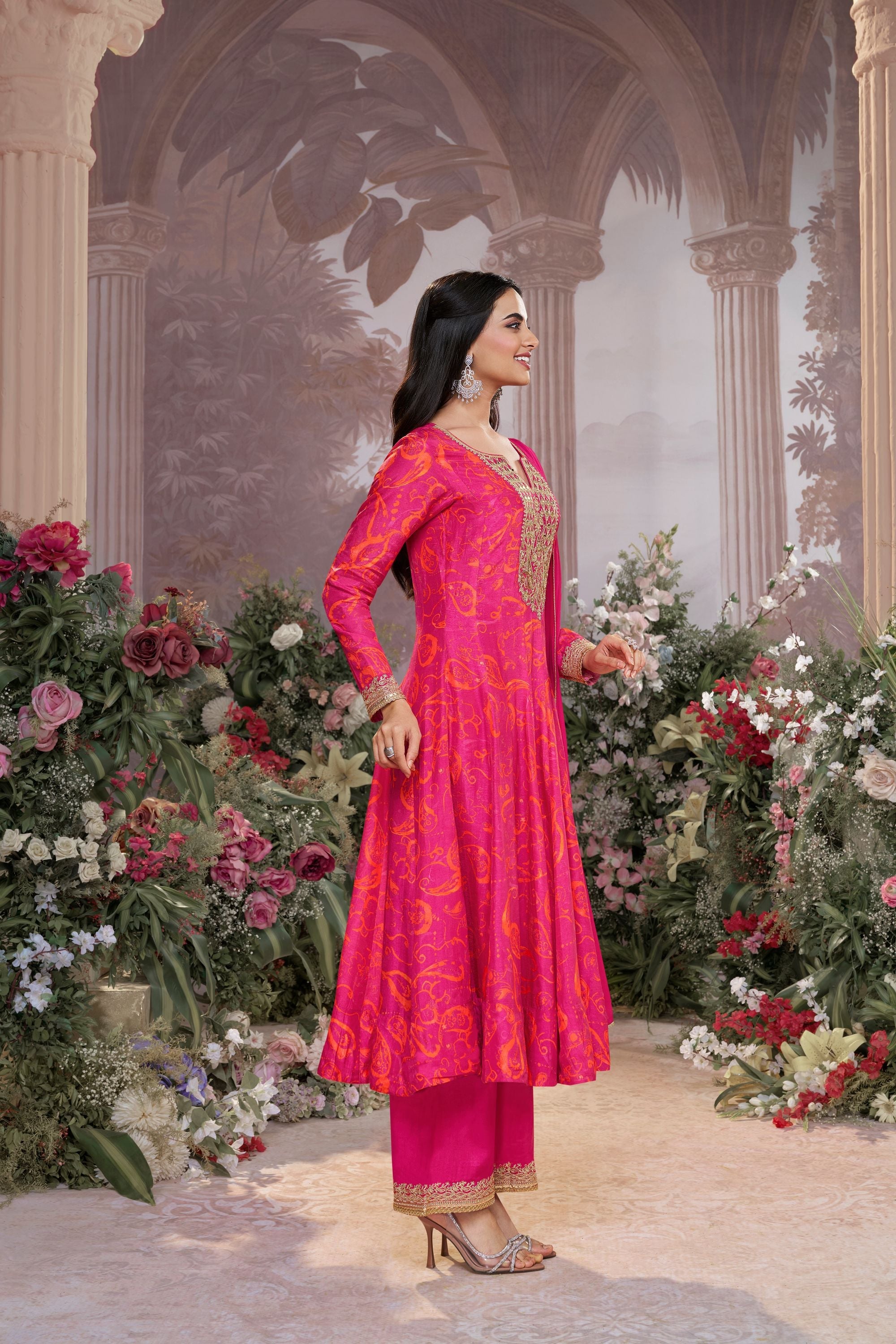 Pink Printed Premium Silk Pants Set