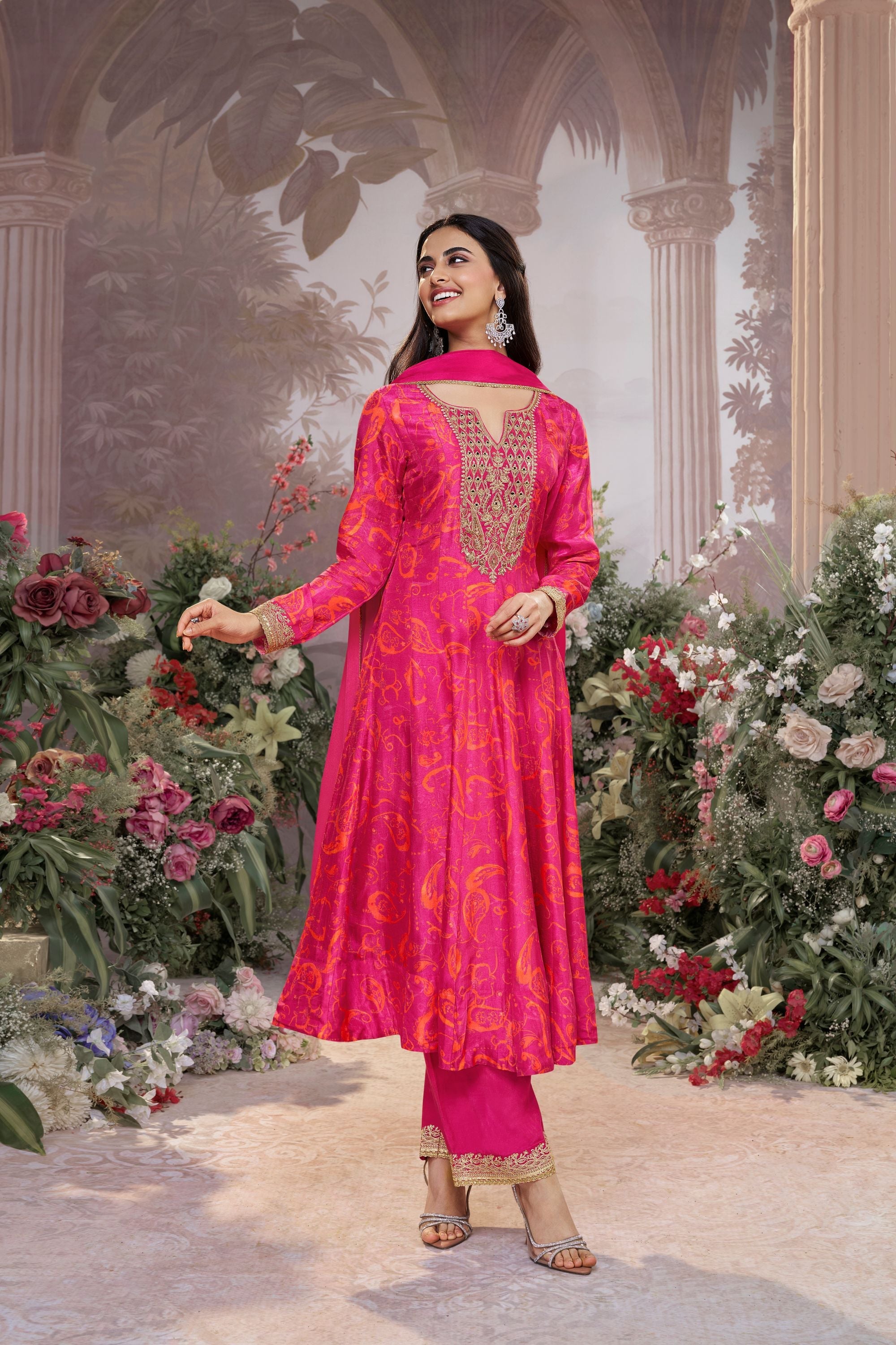 Pink Printed Premium Silk Pants Set