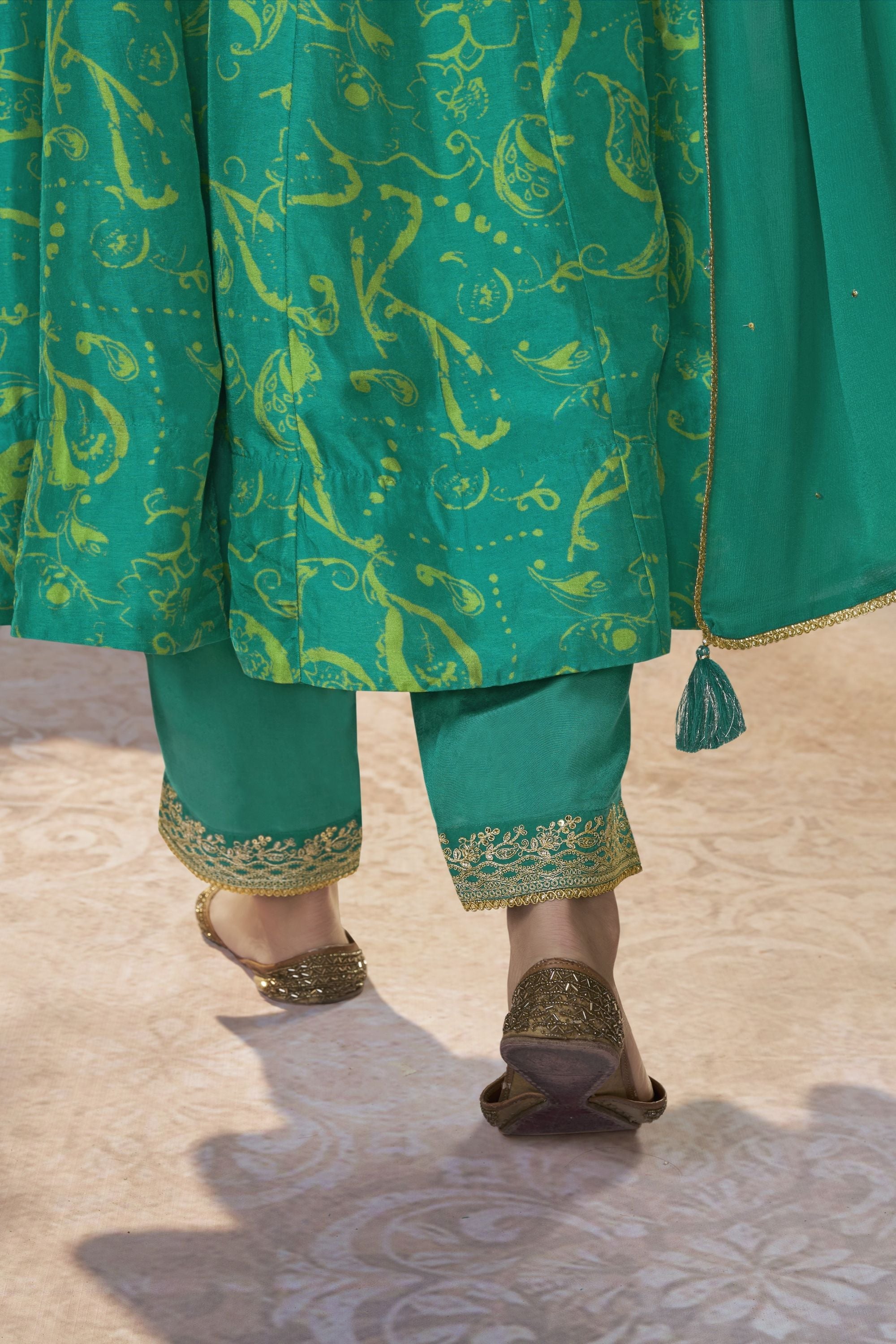 Turquoise Green Printed Premium Silk Pants Set