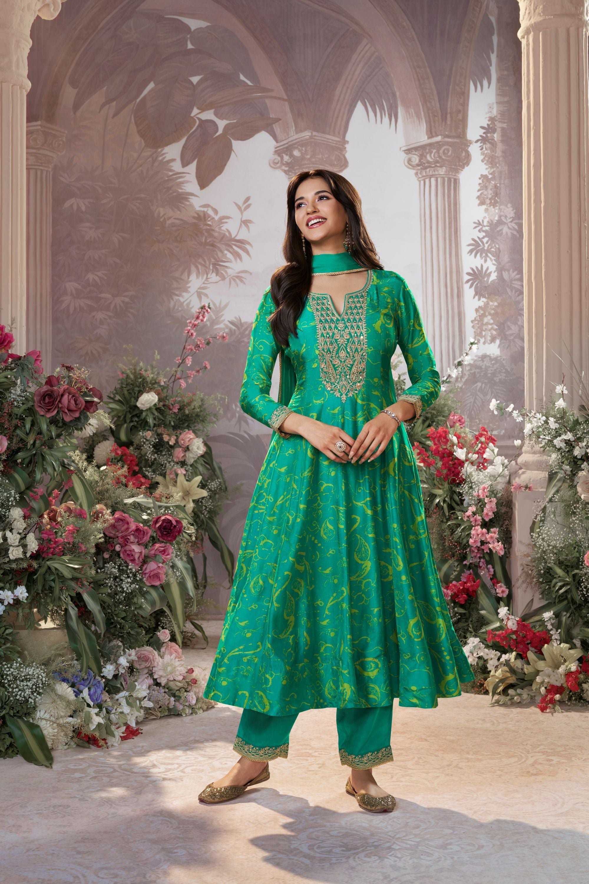 Turquoise Green Printed Premium Silk Pants Set