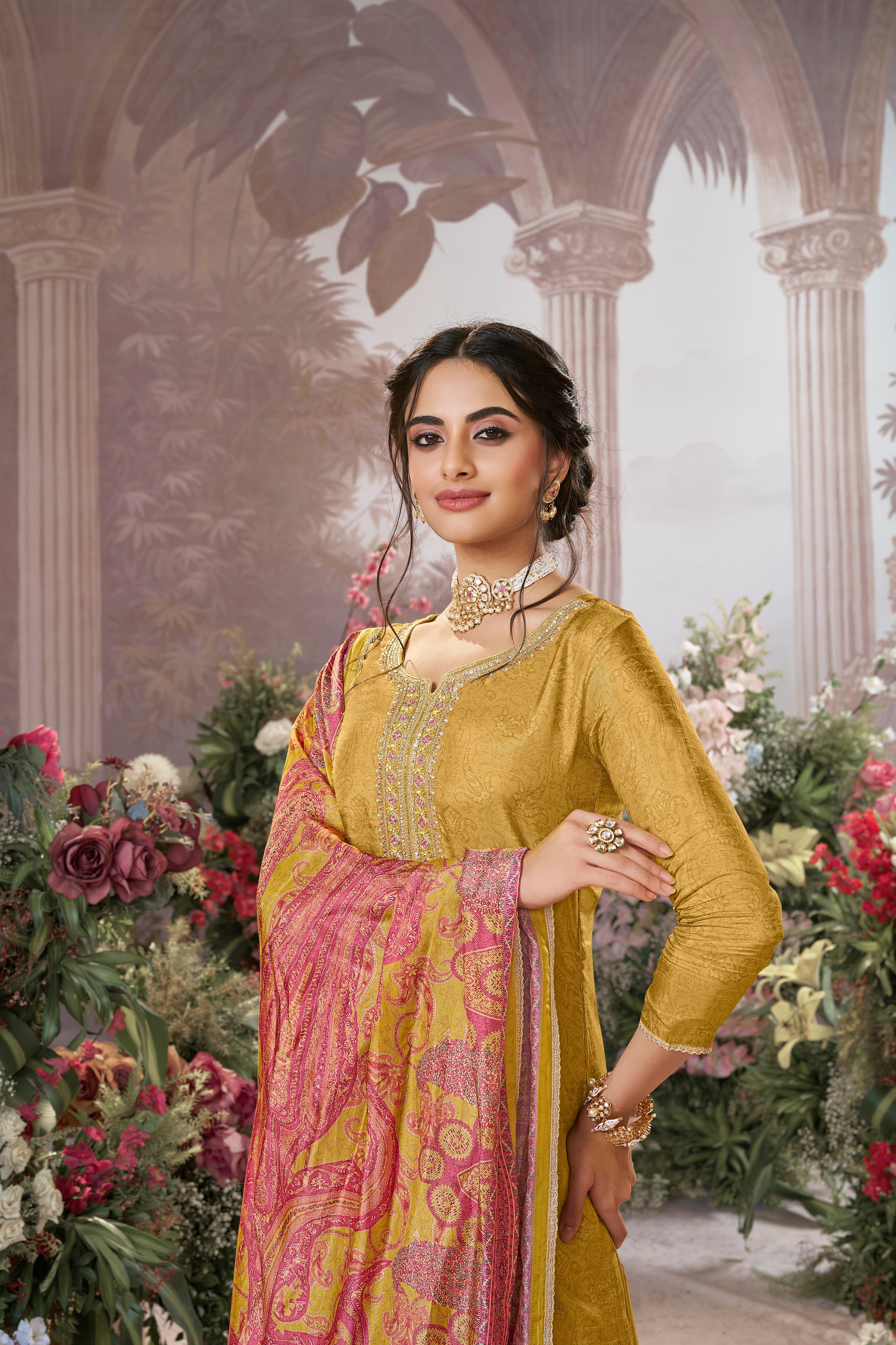 Light Yellow Embellished Premium Silk Pant Set