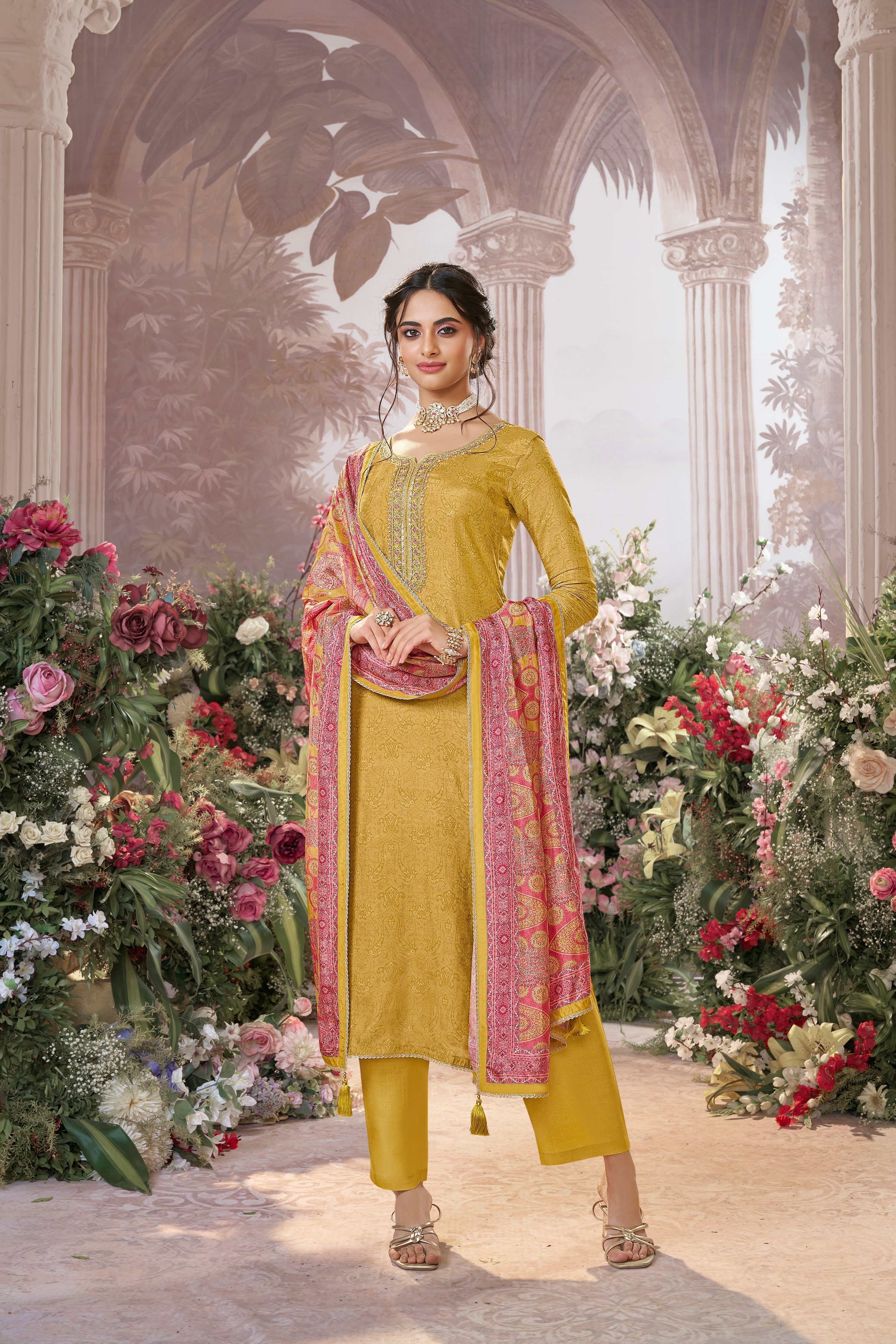 Light Yellow Embellished Premium Silk Pant Set