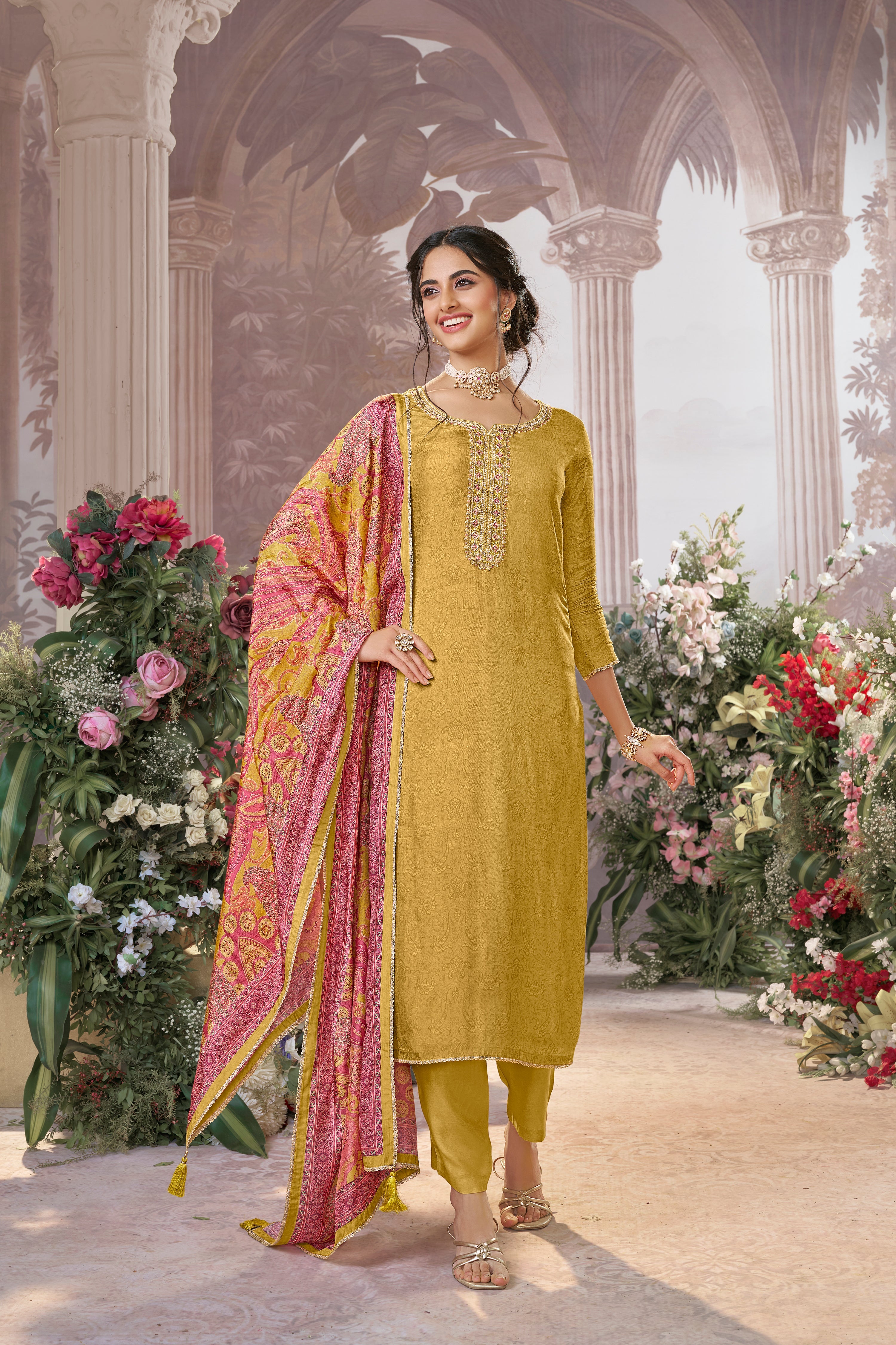 Light Yellow Embellished Premium Silk Pant Set