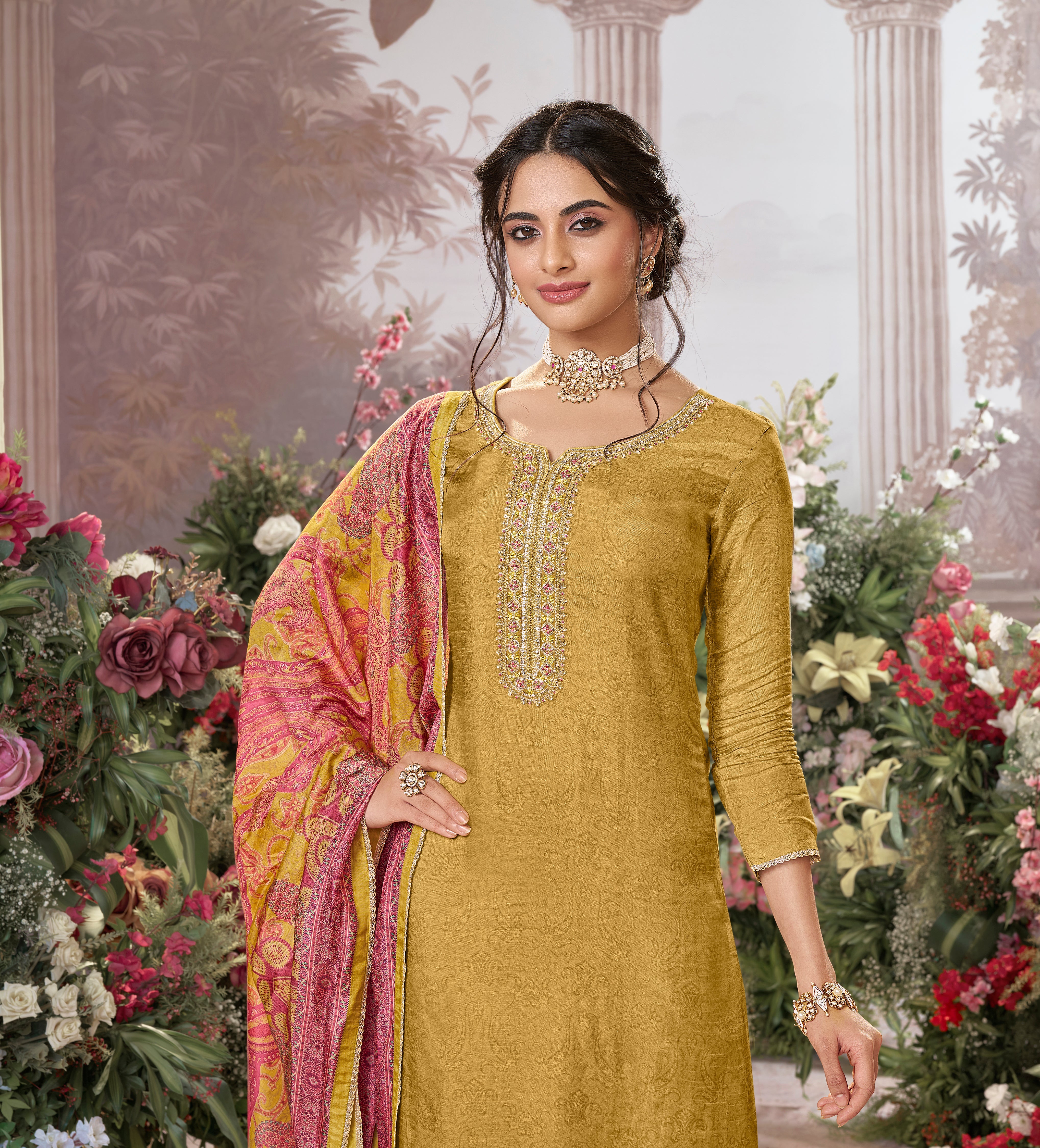 Light Yellow Embellished Premium Silk Pant Set