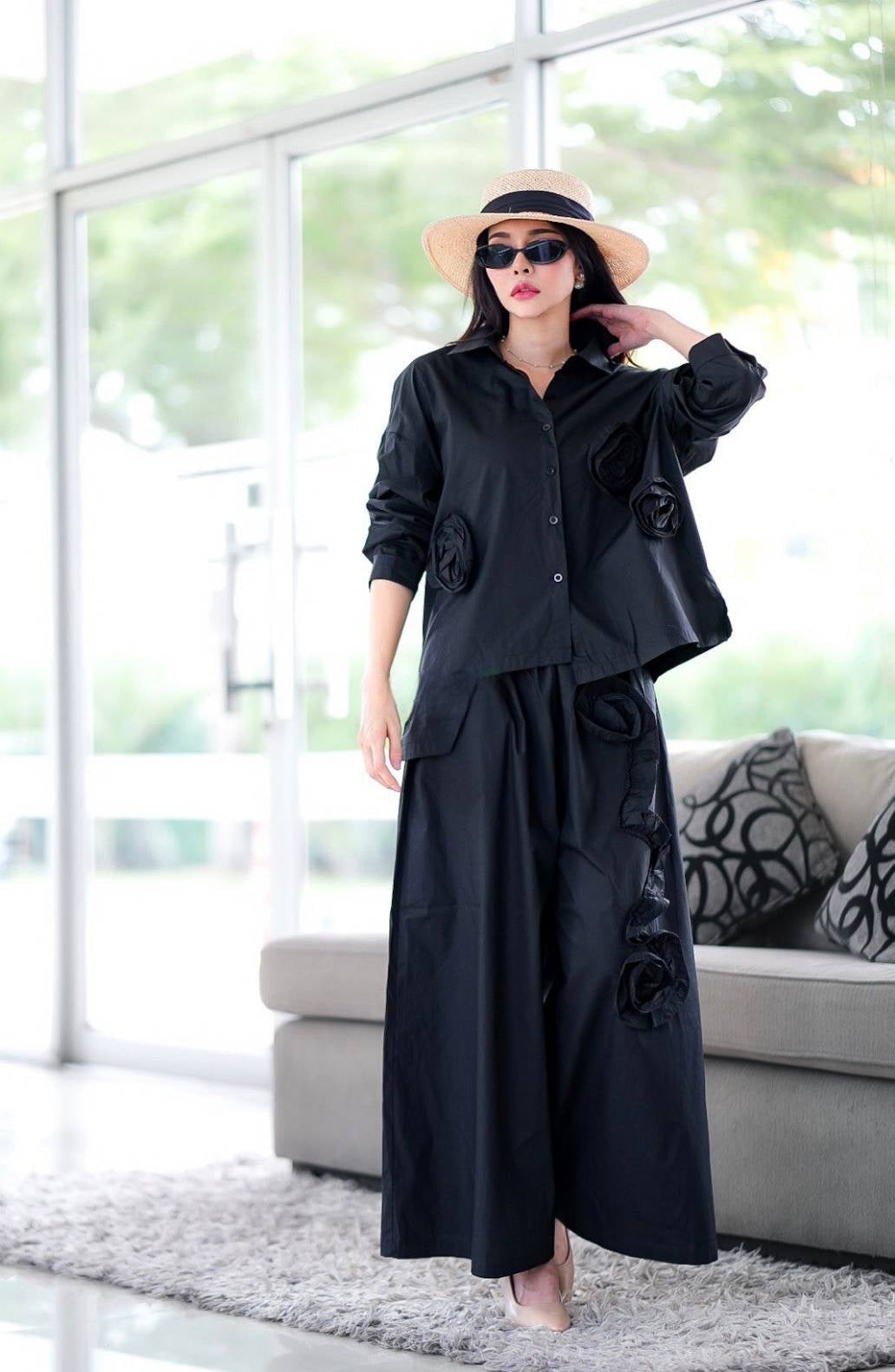 Jet Black 3D Fabric Flower Applique Co-Ord Set