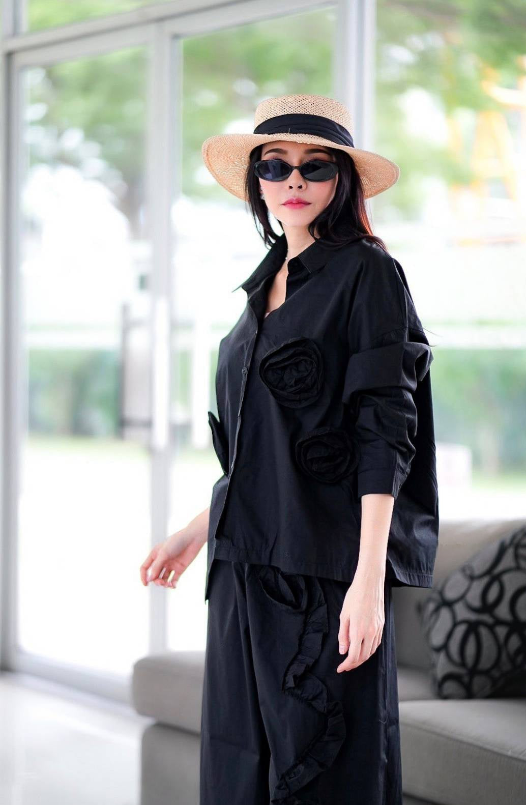 Jet Black 3D Fabric Flower Applique Co-Ord Set