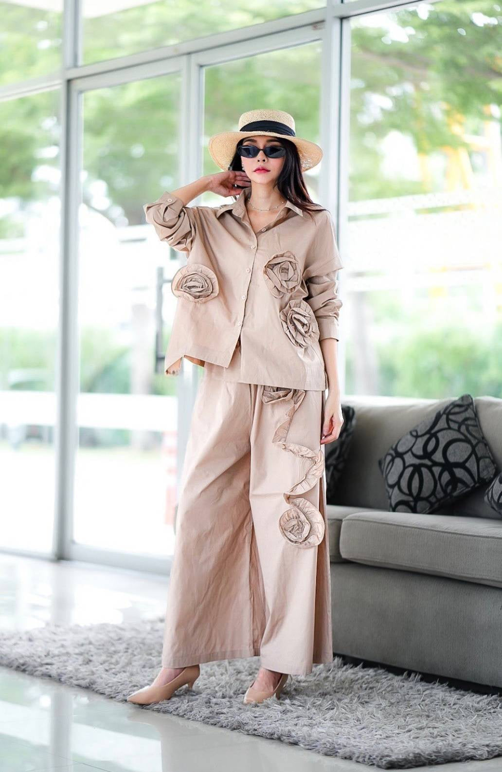 Light Beige 3D Fabric Flower Applique Co-Ord Set