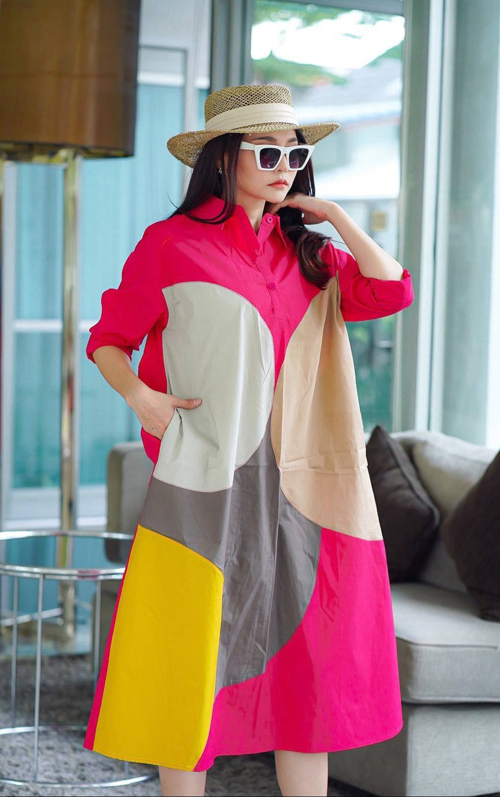 Hot Pink Printed Cotton Blend Tunic Dress