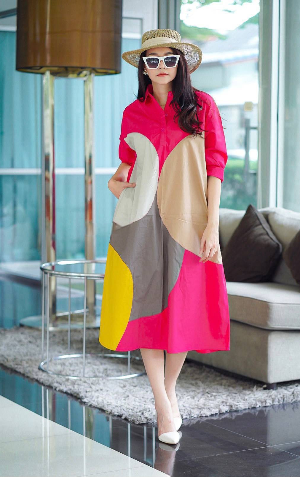 Hot Pink Printed Cotton Blend Tunic Dress