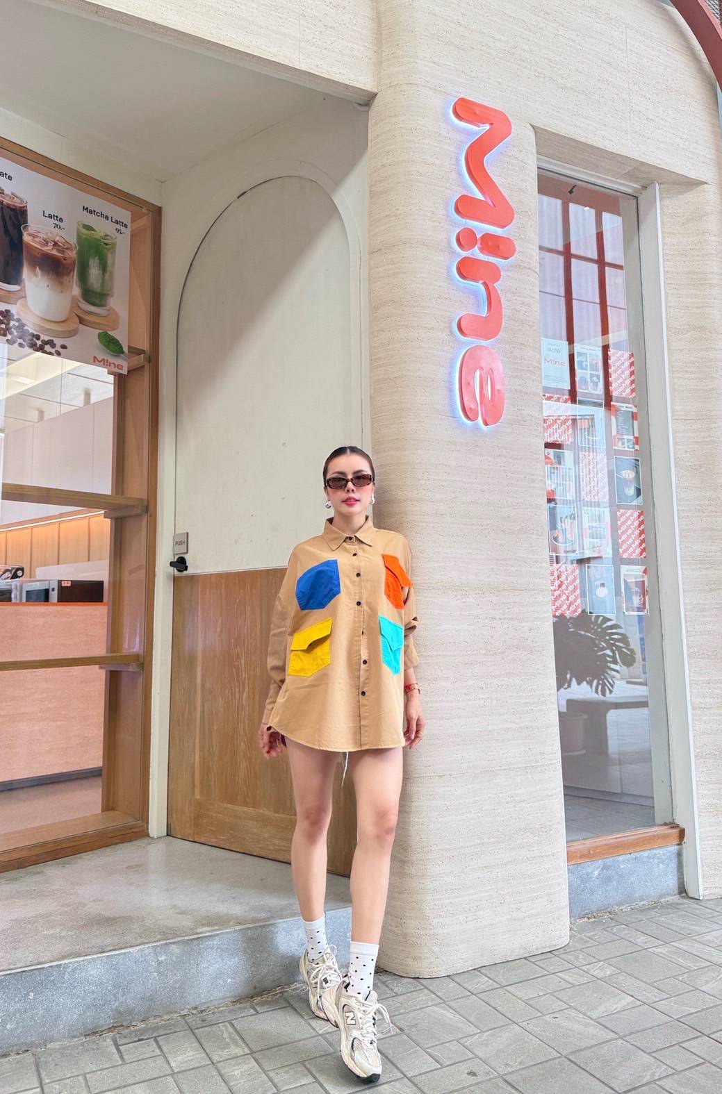 Sand Tan Color-Block Pocket Oversized Denim Shirt