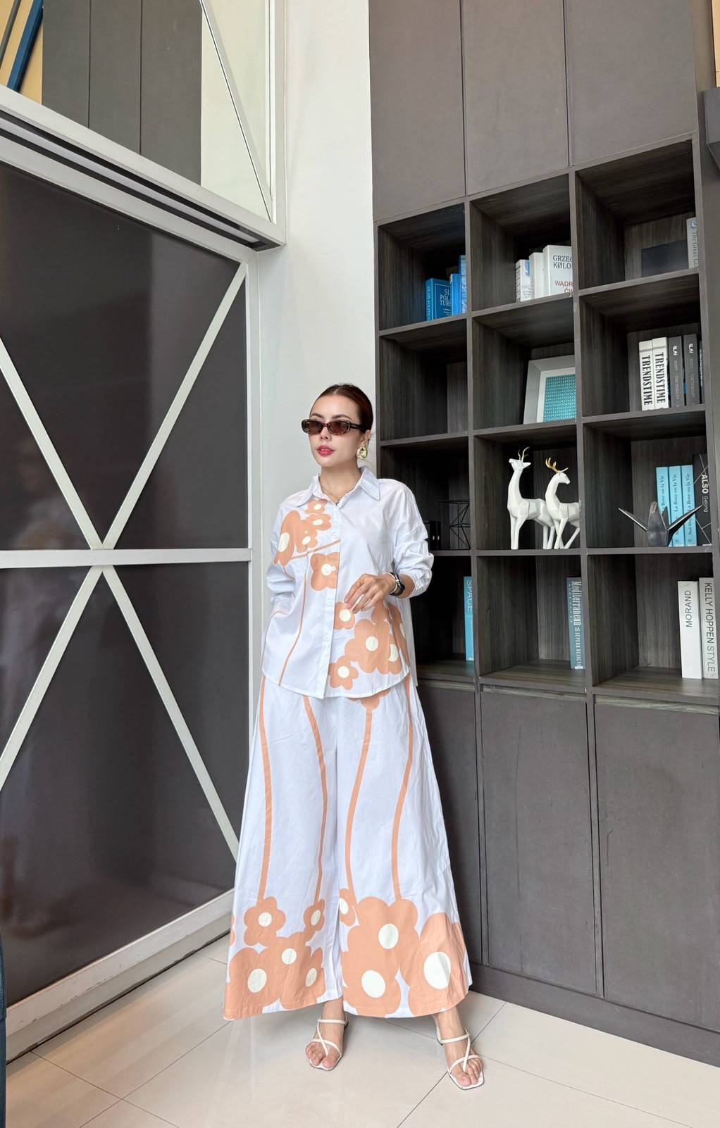 White Printed Cotton Satin Co-Ord Set