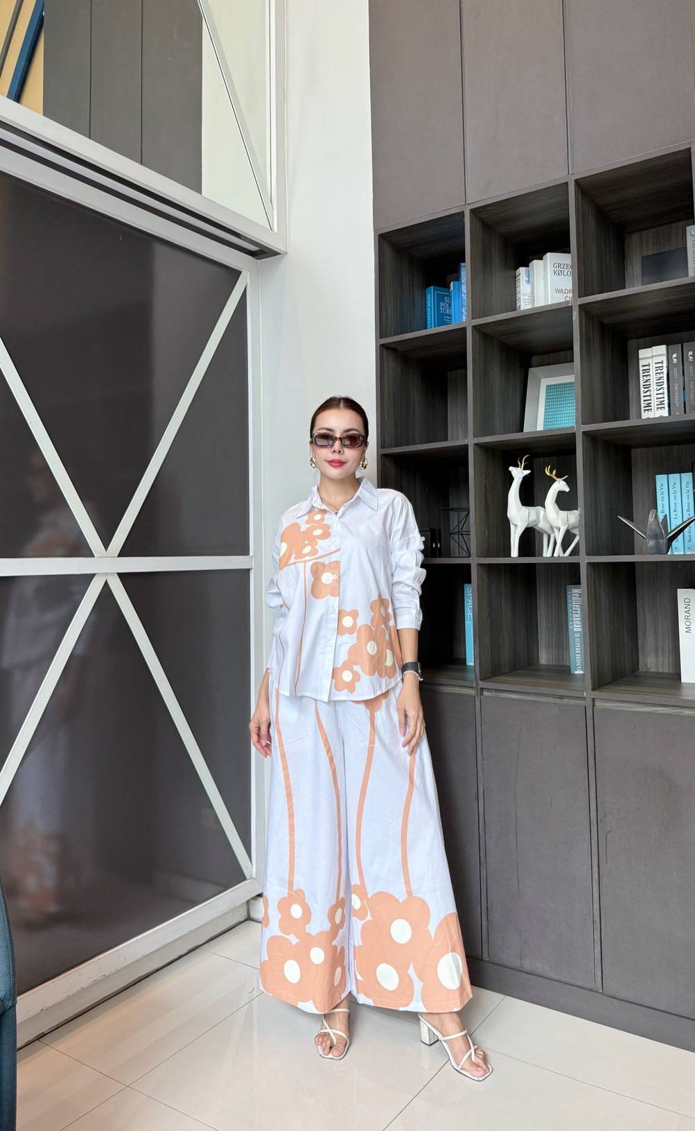 White Printed Cotton Satin Co-Ord Set