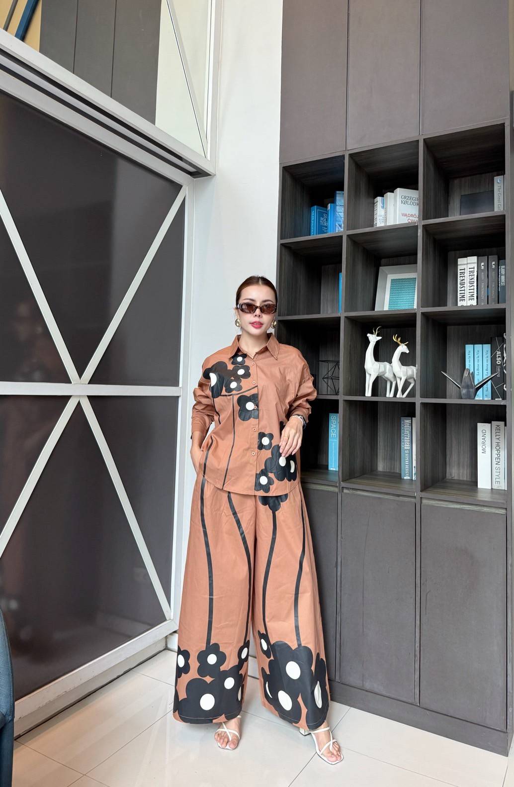 Terracotta Brown Printed Cotton Satin Co-Ord Set