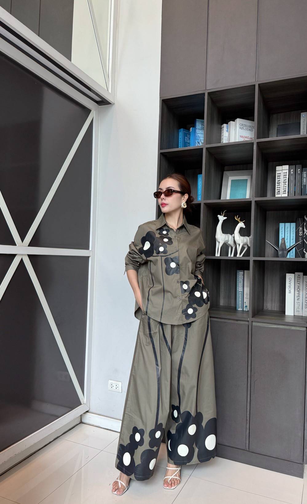 Olive Green Printed Cotton Satin Co-Ord Set