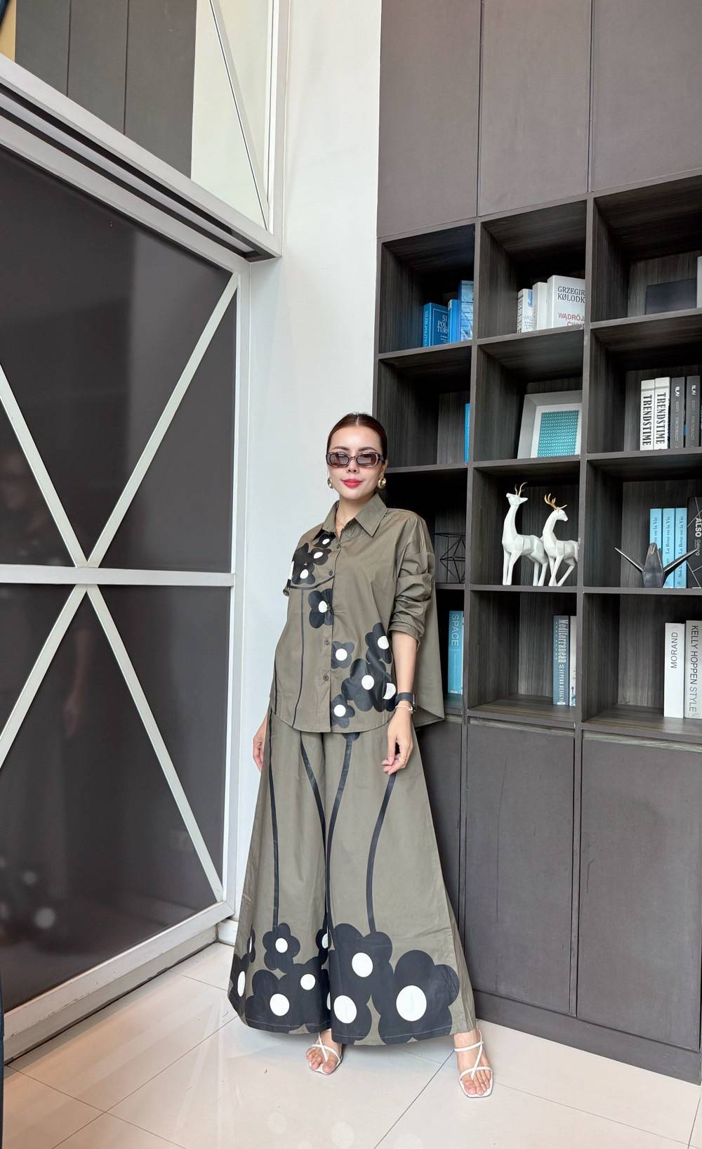 Olive Green Printed Cotton Satin Co-Ord Set