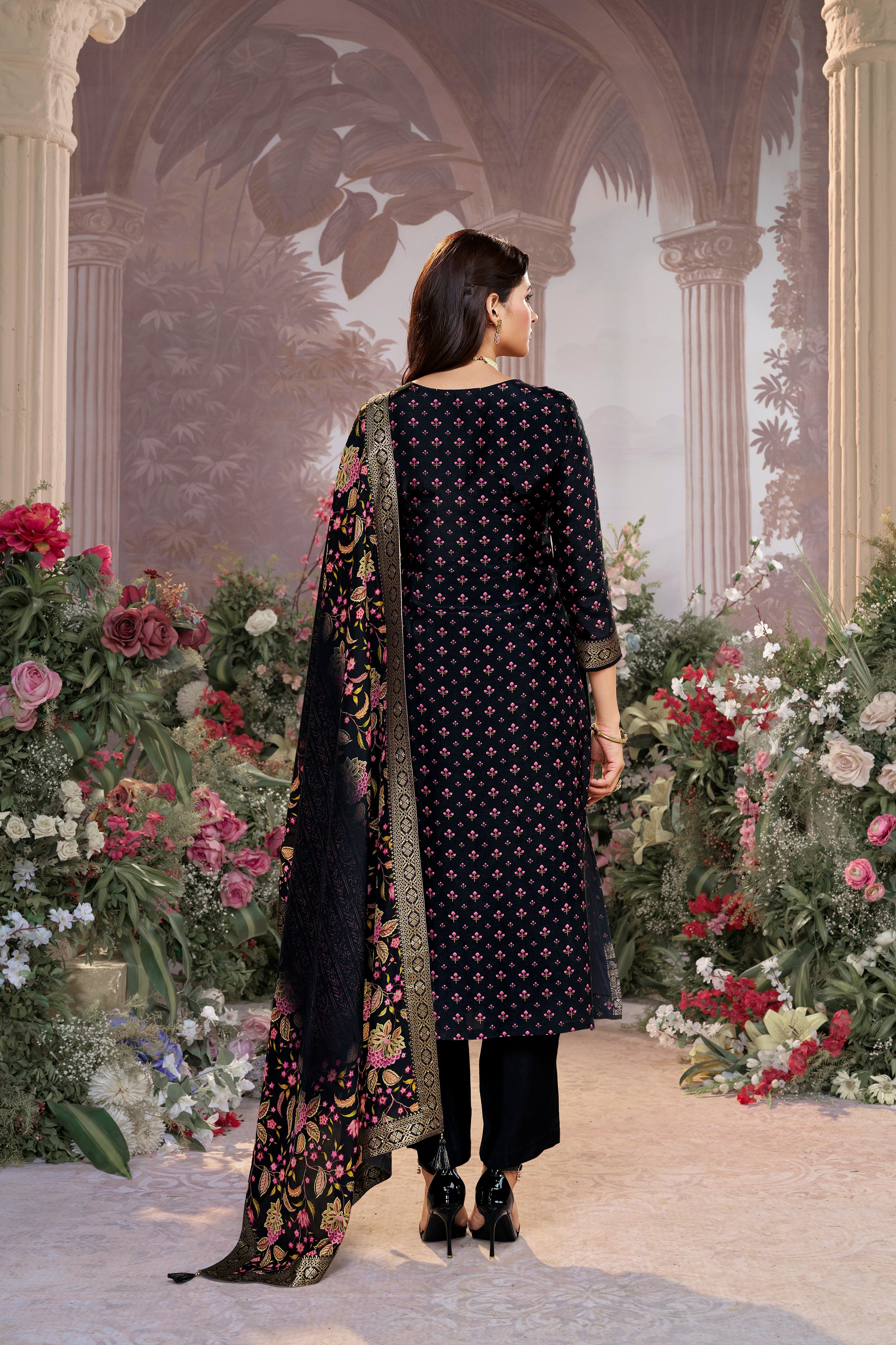 Classic Black Printed Premium Silk Pant Set
