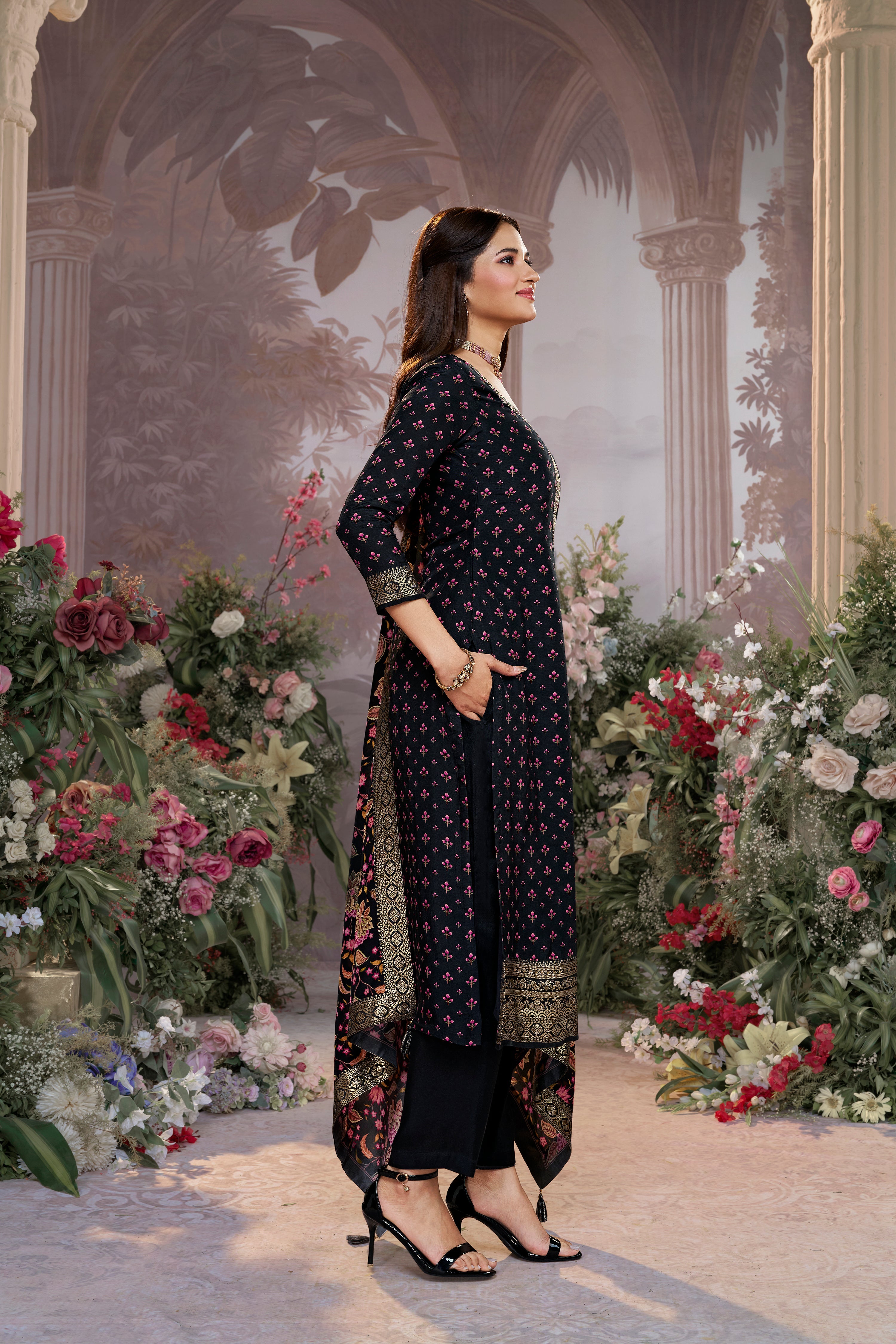 Classic Black Printed Premium Silk Pant Set
