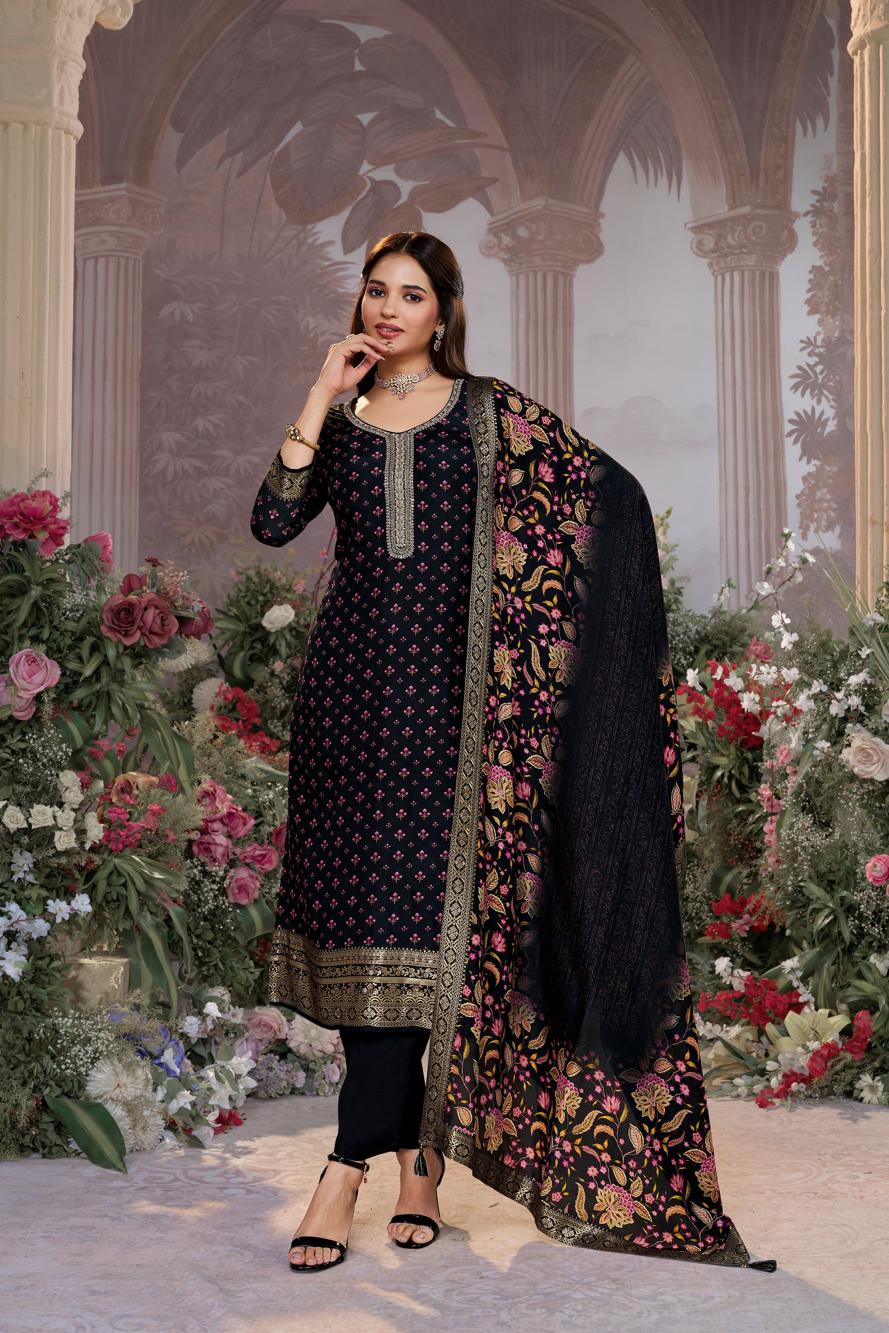 Classic Black Printed Premium Silk Pant Set