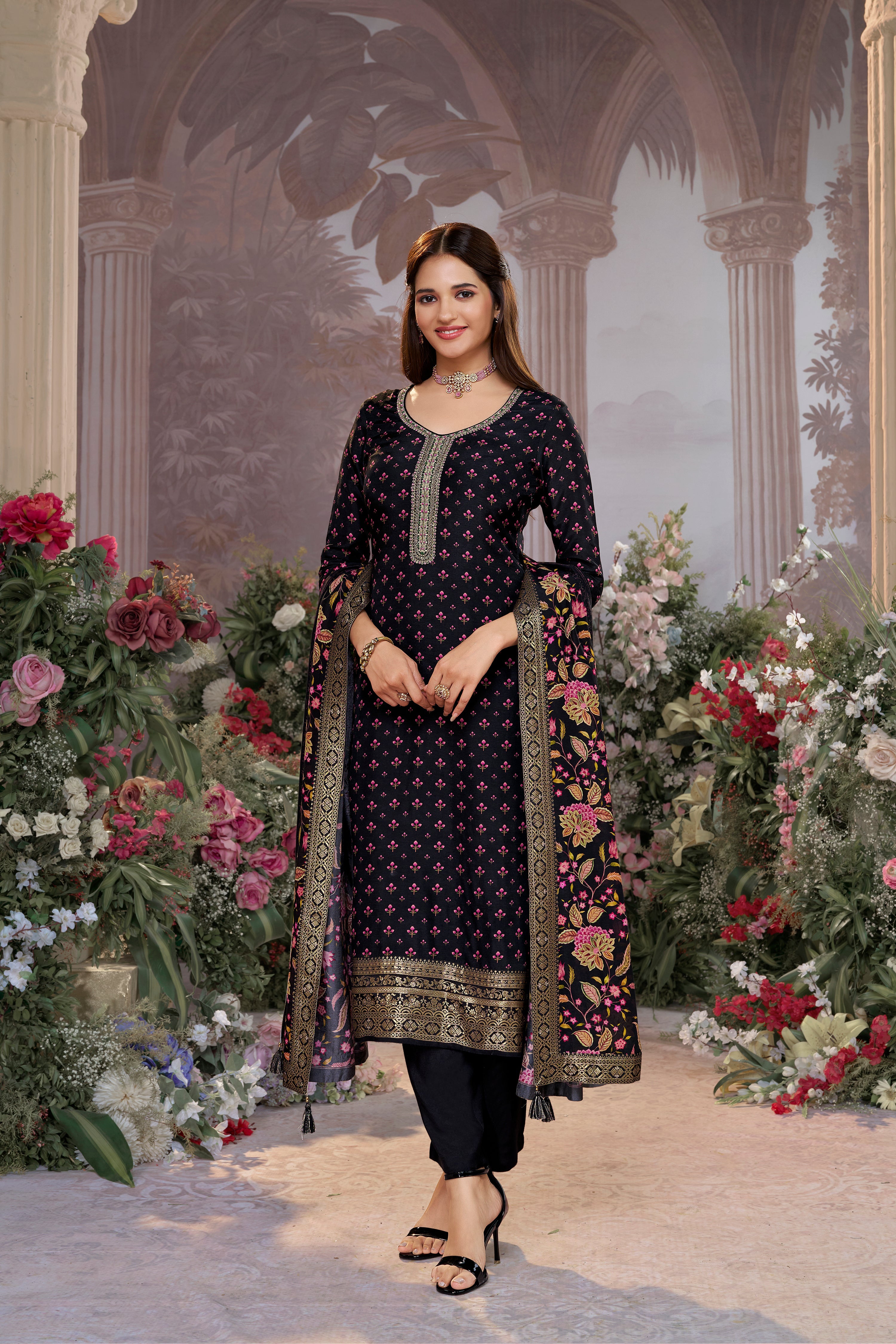 Classic Black Printed Premium Silk Pant Set