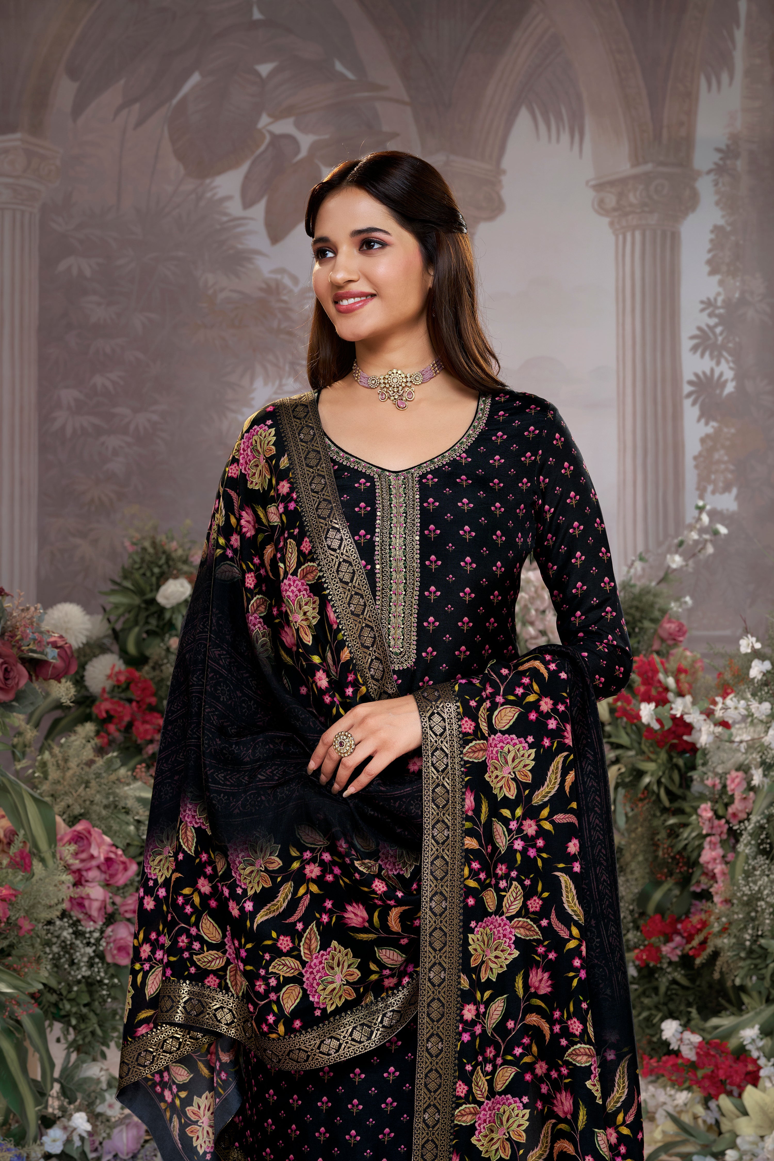 Classic Black Printed Premium Silk Pant Set