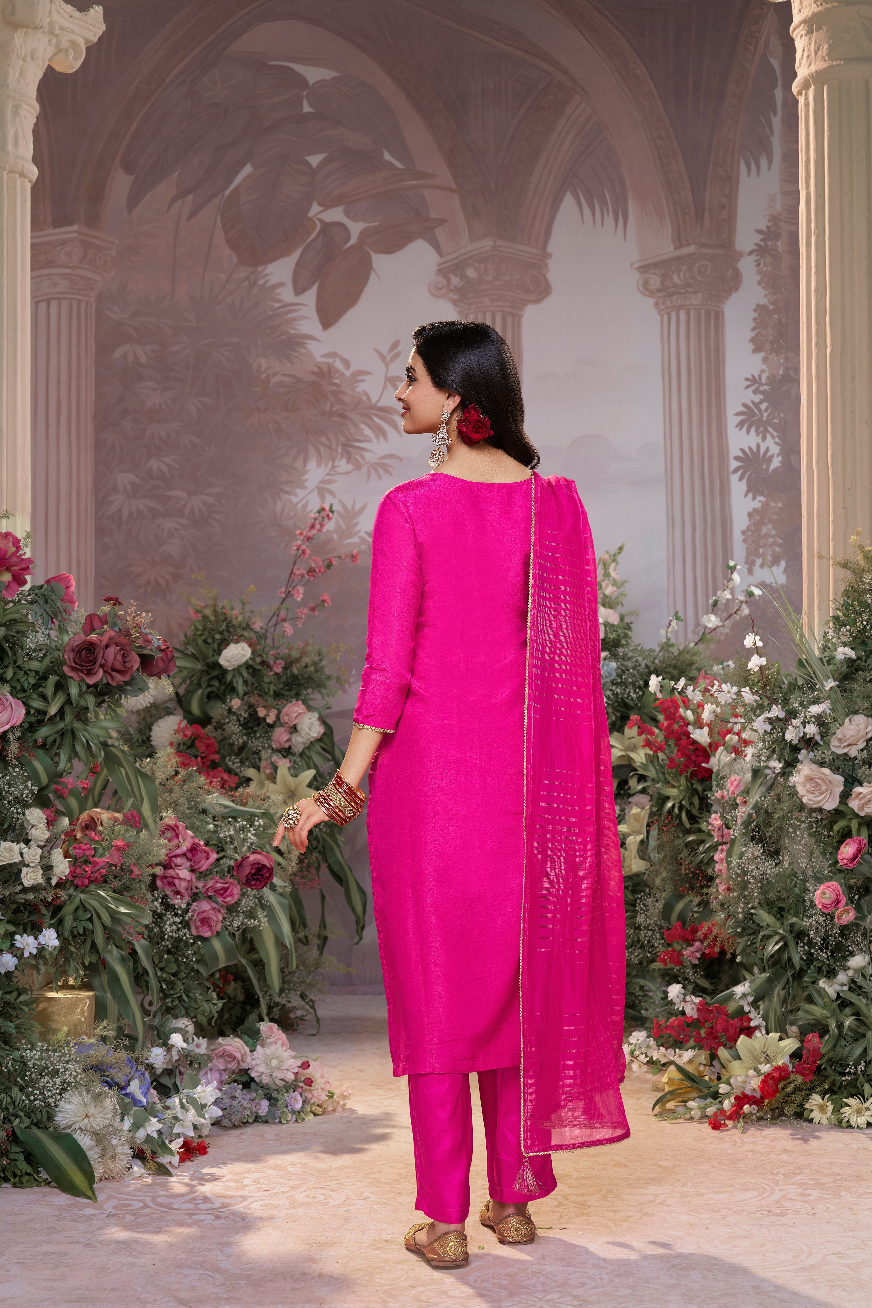 Fuchsia Pink Embellished Brocade Silk Pant Set