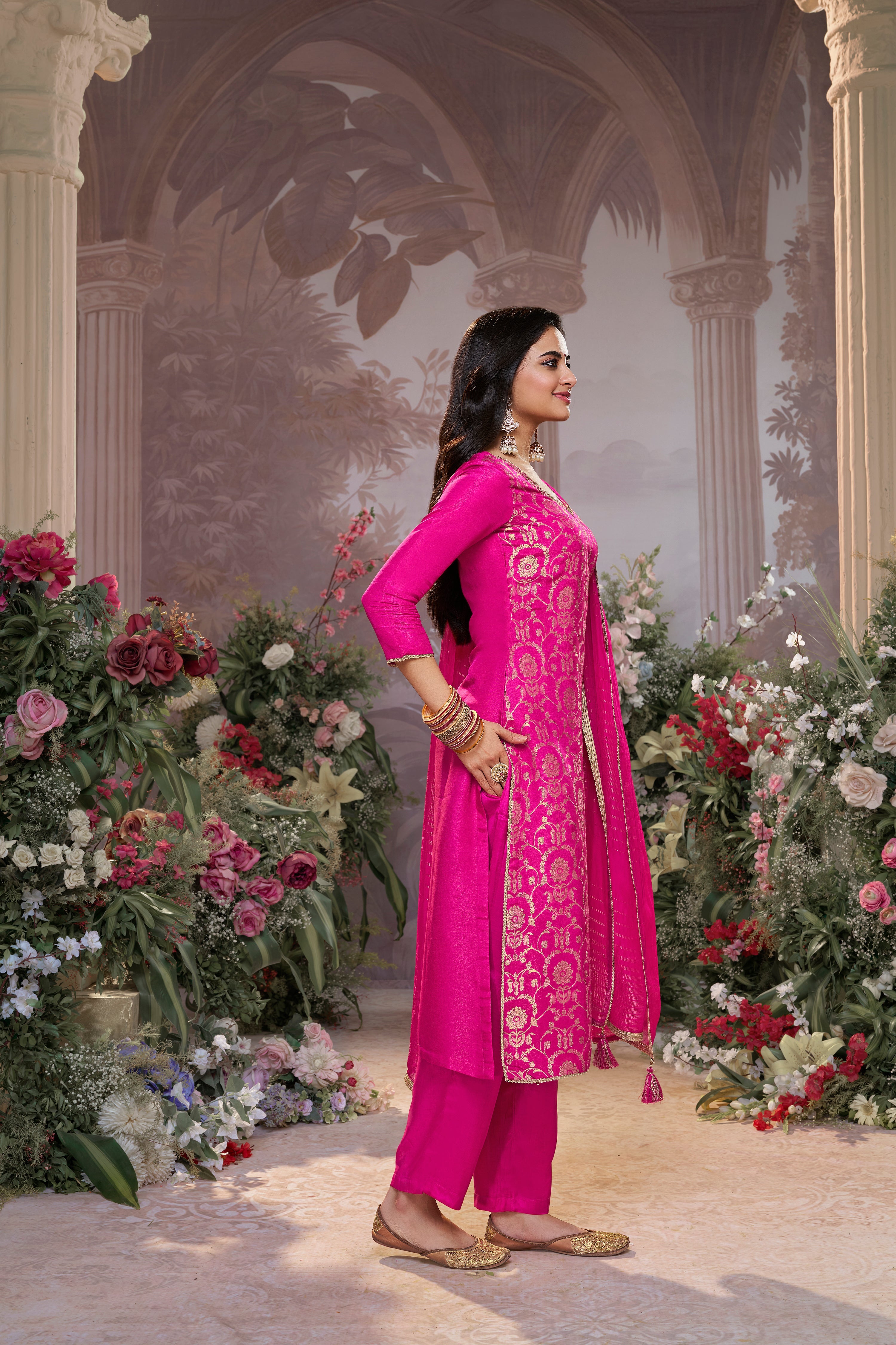 Fuchsia Pink Embellished Brocade Silk Pant Set
