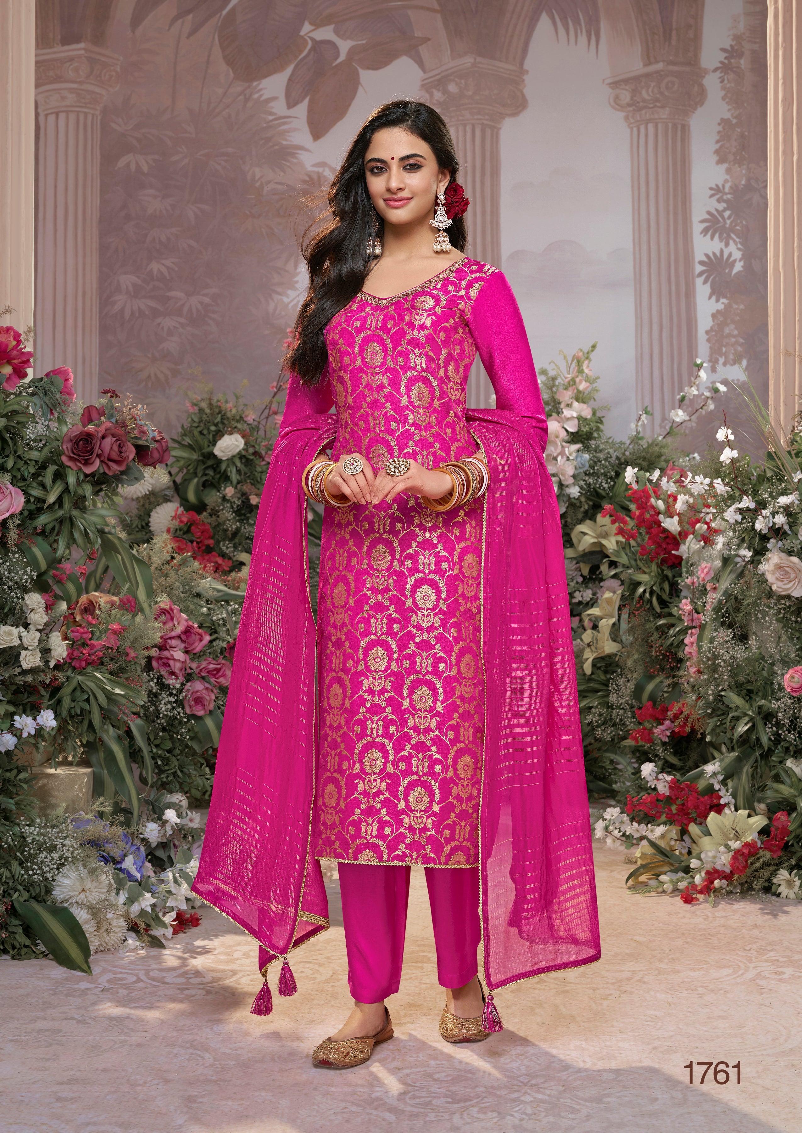 Fuchsia Pink Embellished Brocade Silk Pant Set