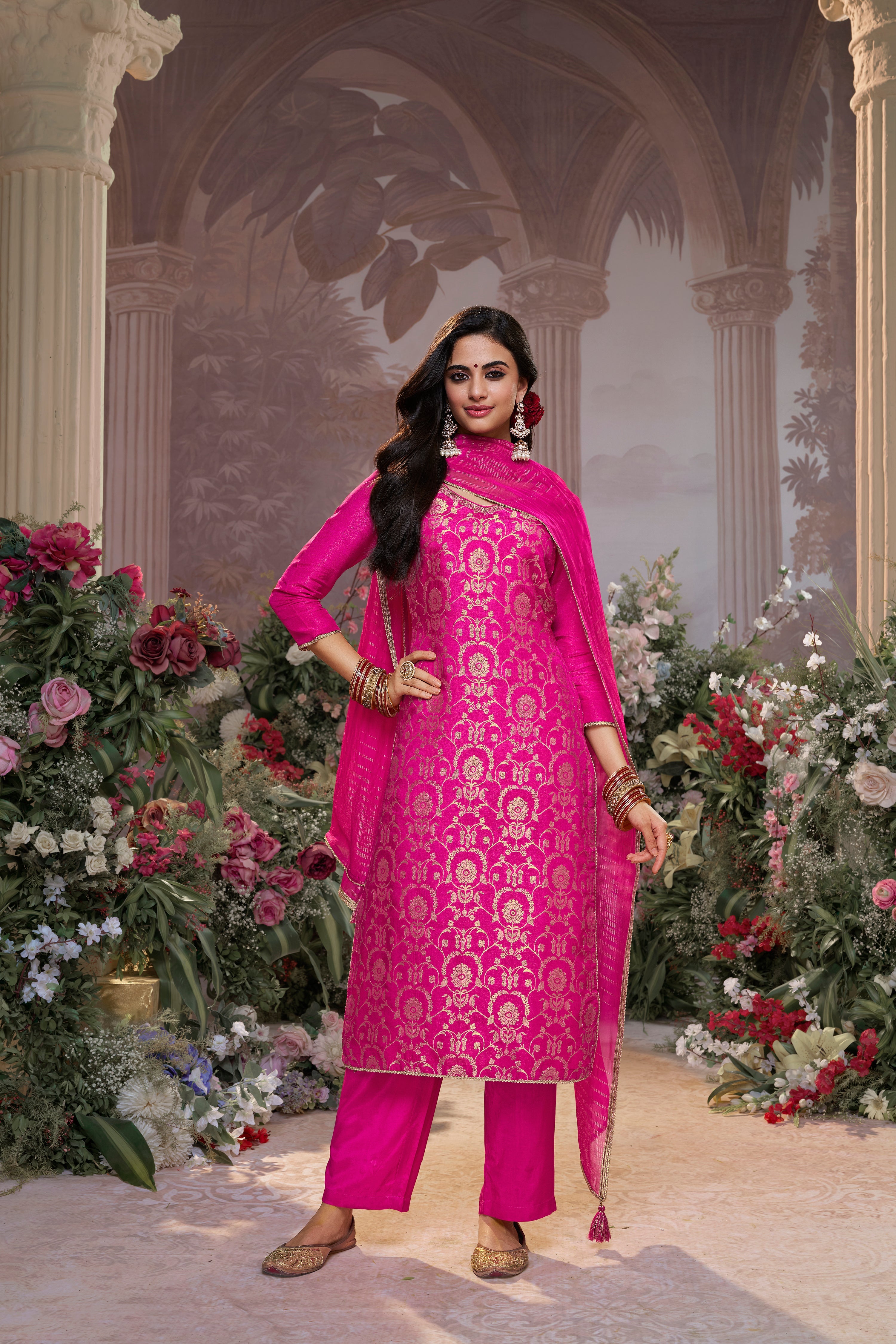 Fuchsia Pink Embellished Brocade Silk Pant Set