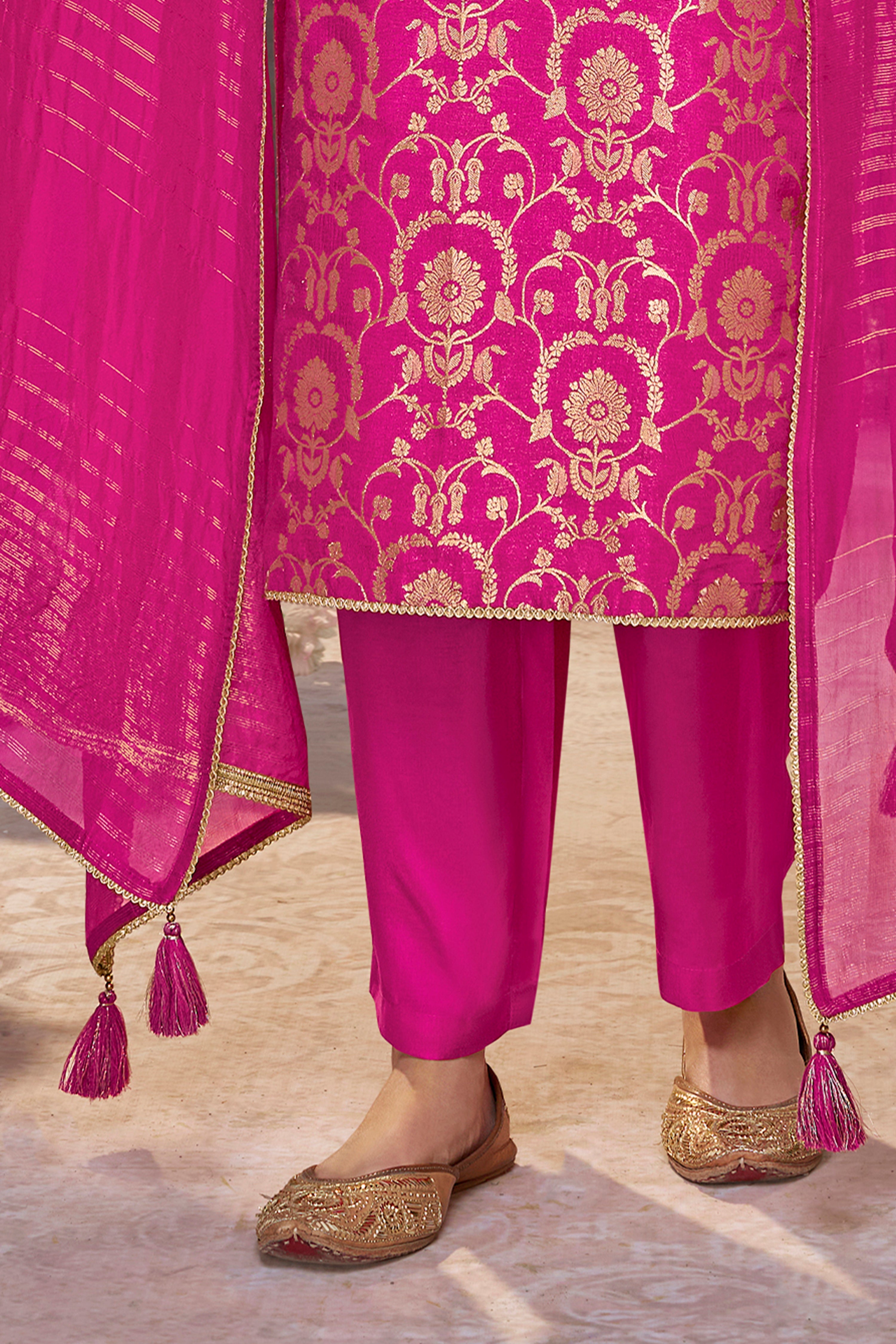 Fuchsia Pink Embellished Brocade Silk Pant Set