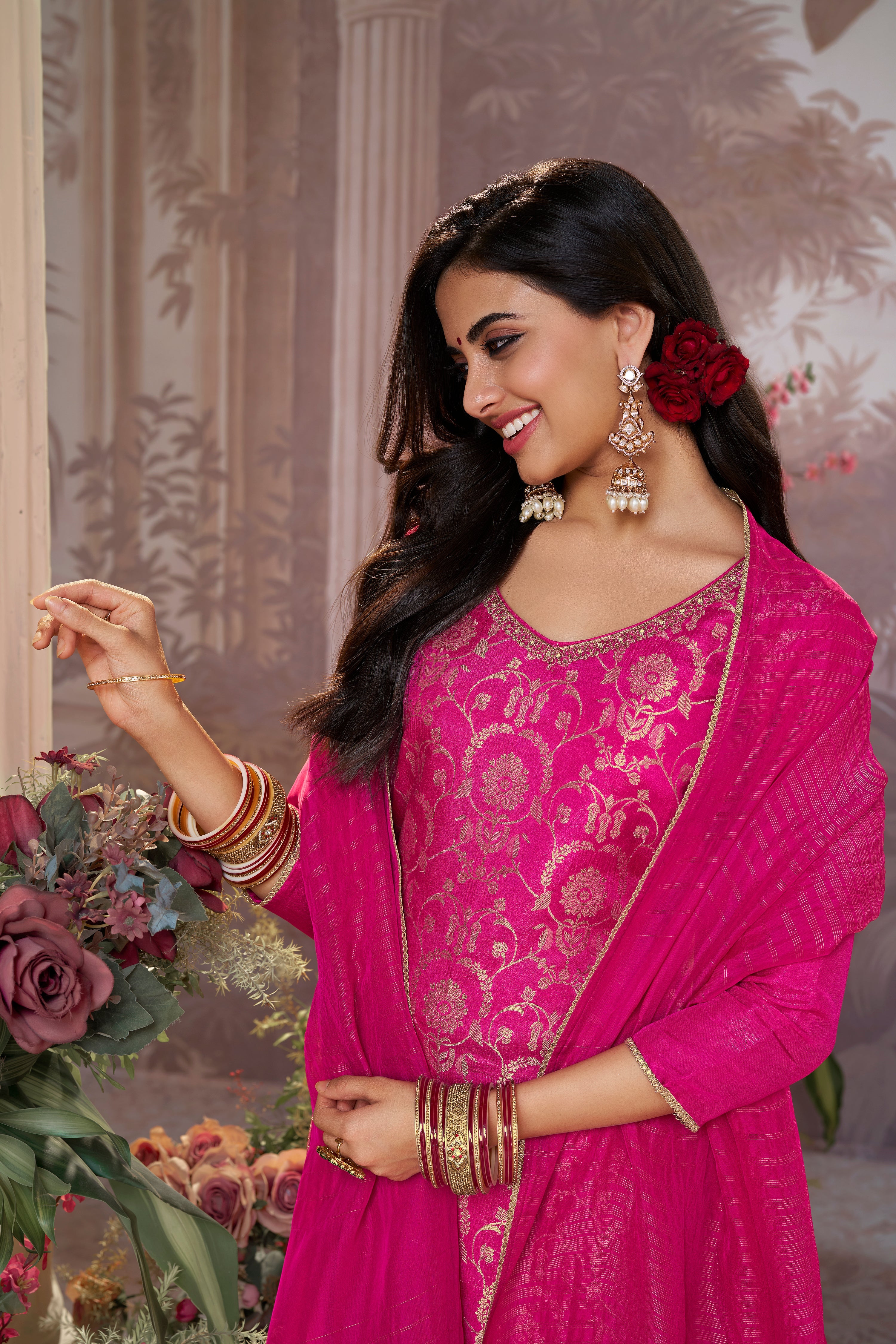 Fuchsia Pink Embellished Brocade Silk Pant Set