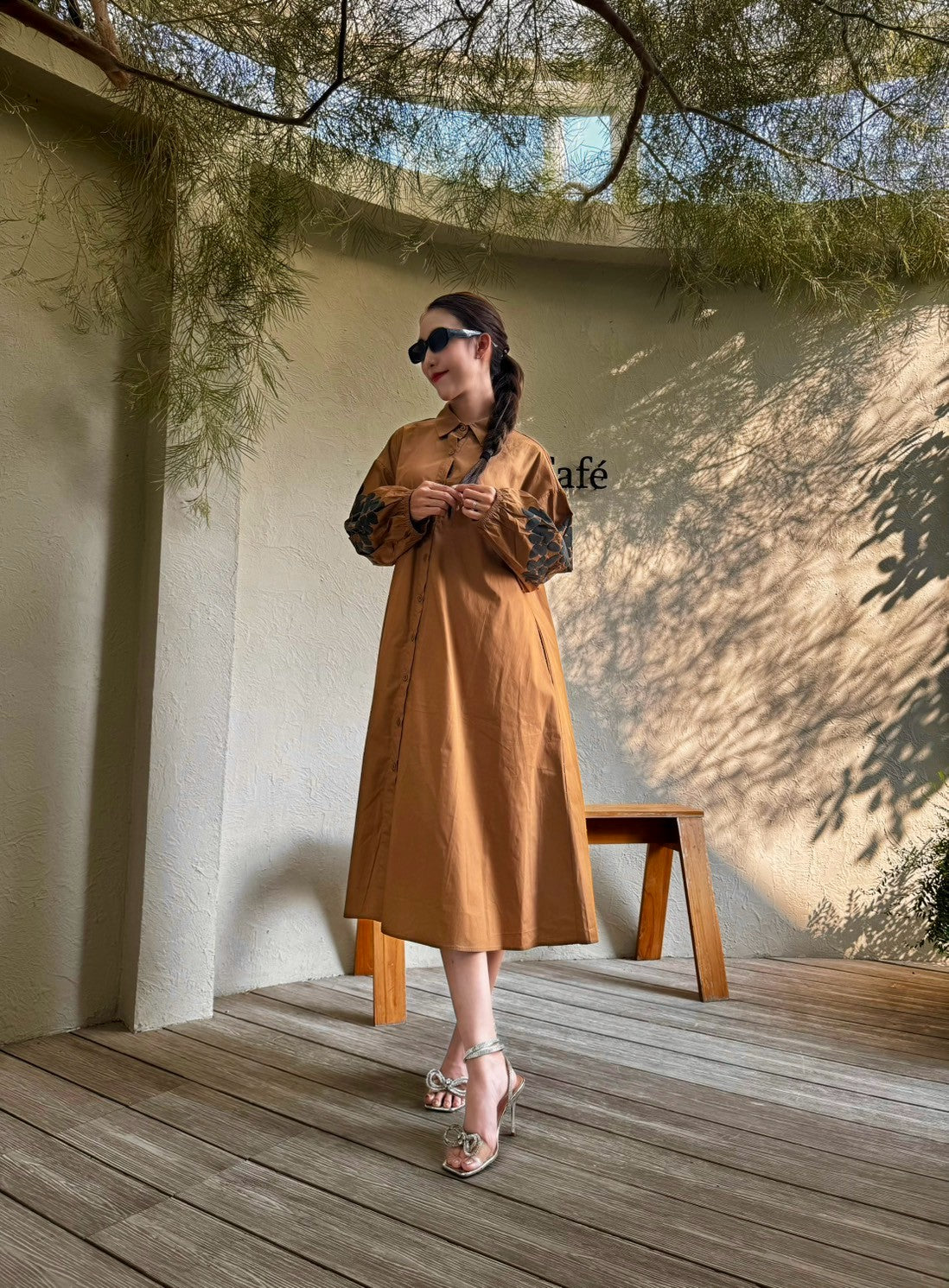 Camel Tan Embroidered Cotton Dress