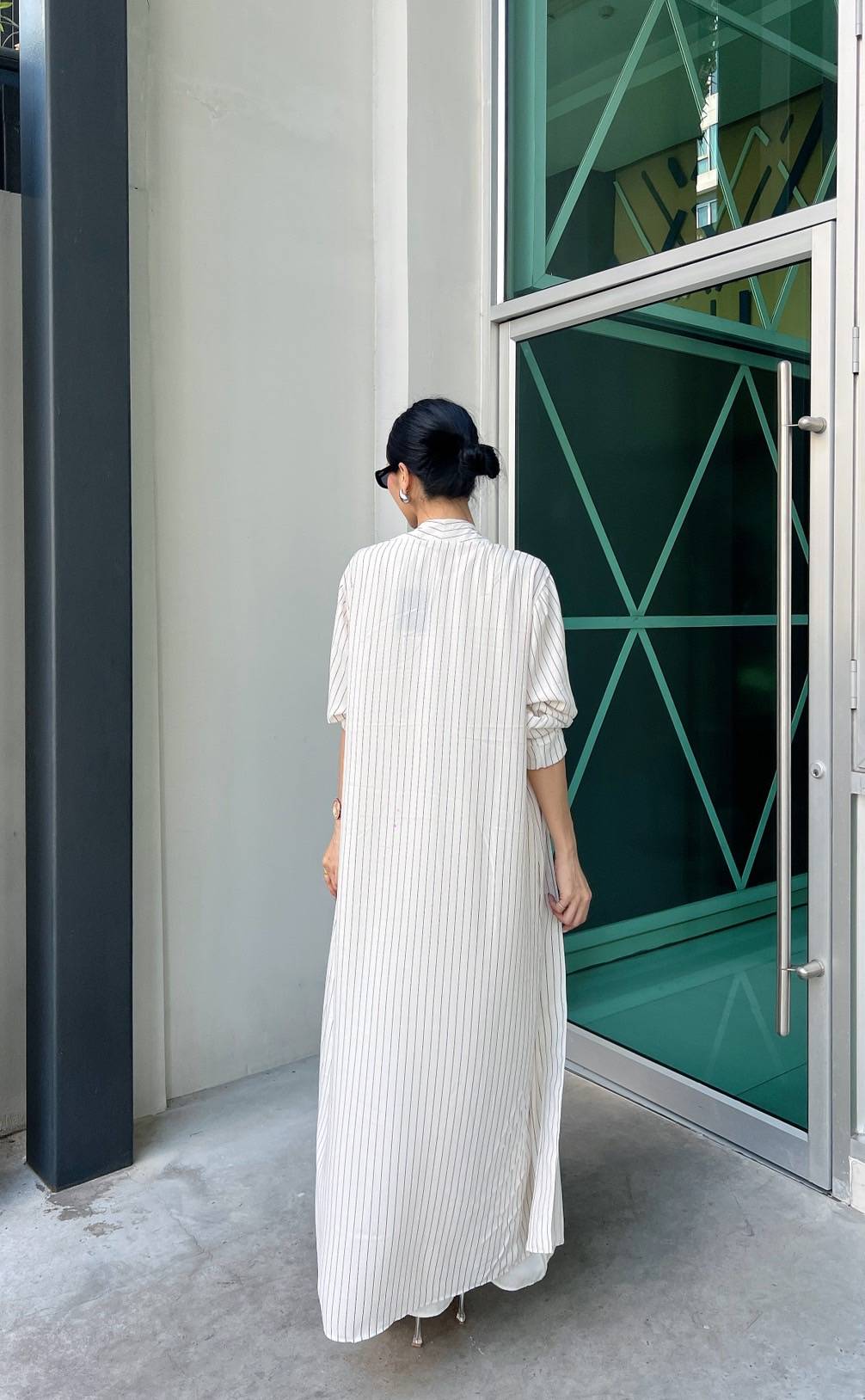 White Pinstripe Printed Crepe Silk Dress