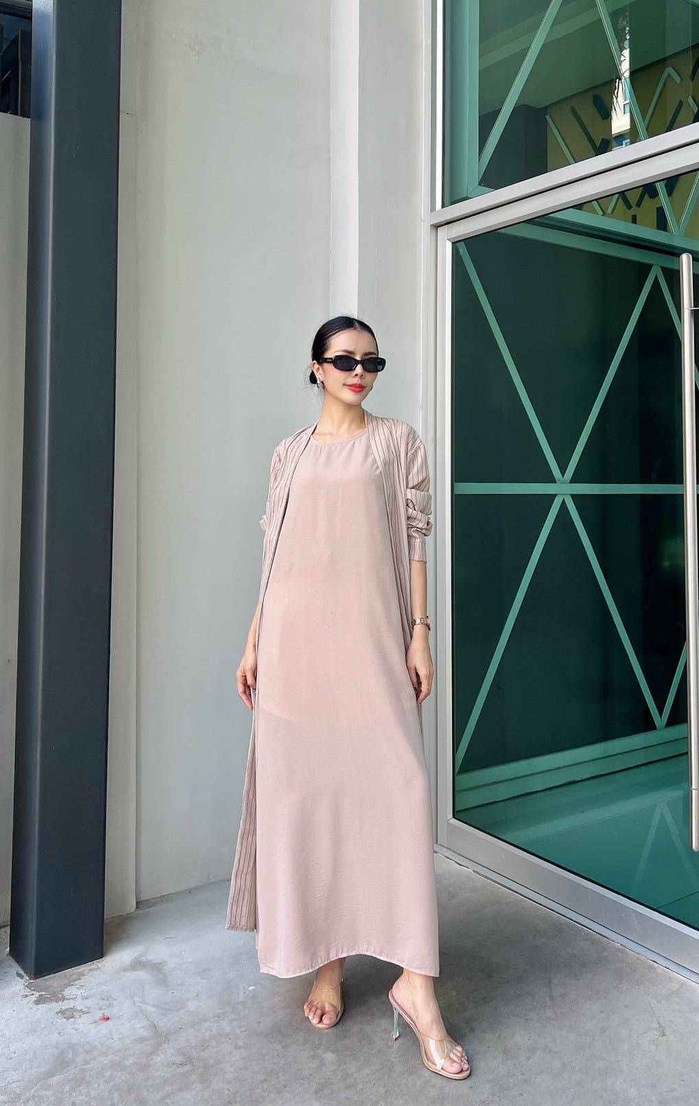Nude Blush Pinstripe Printed Crepe Silk Dress