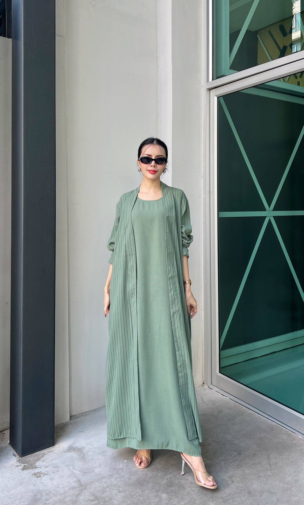 Sage Green Pinstripe Printed Crepe Silk Dress