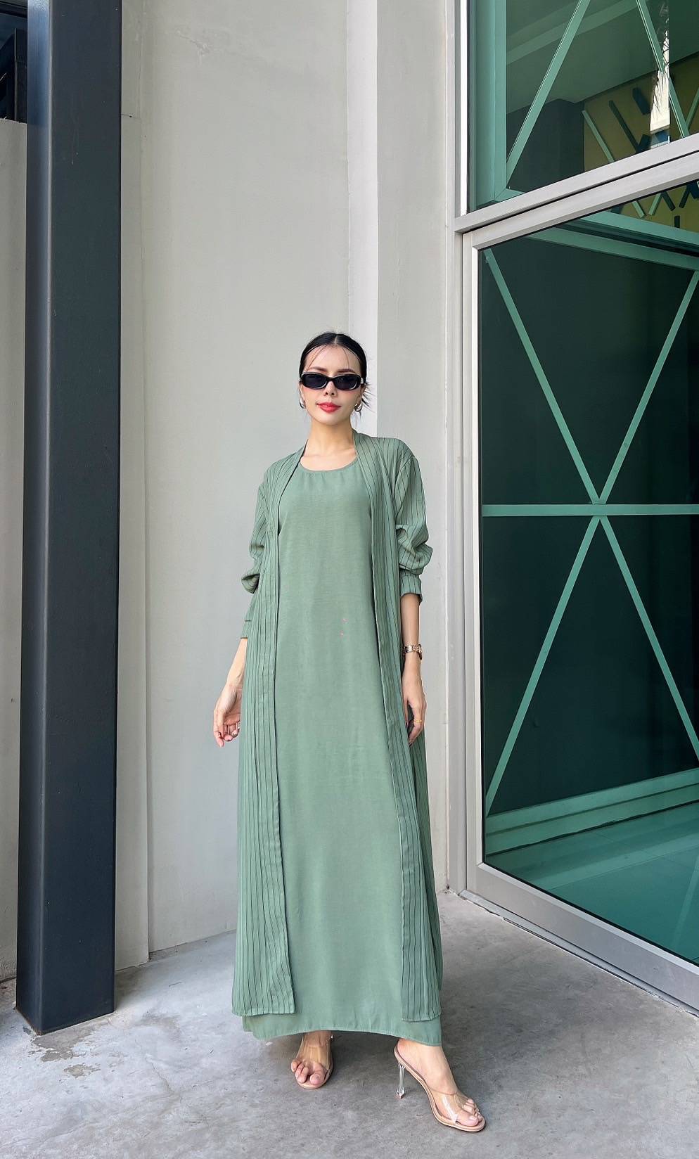 Sage Green Pinstripe Printed Crepe Silk Dress