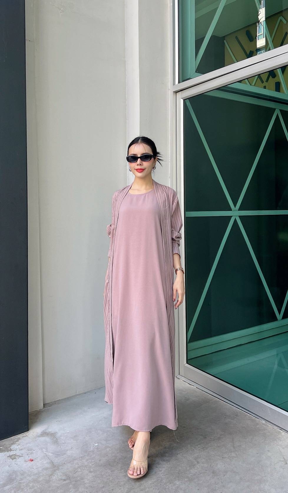 Dusty Lavender Pinstripe Printed Crepe Silk Dress