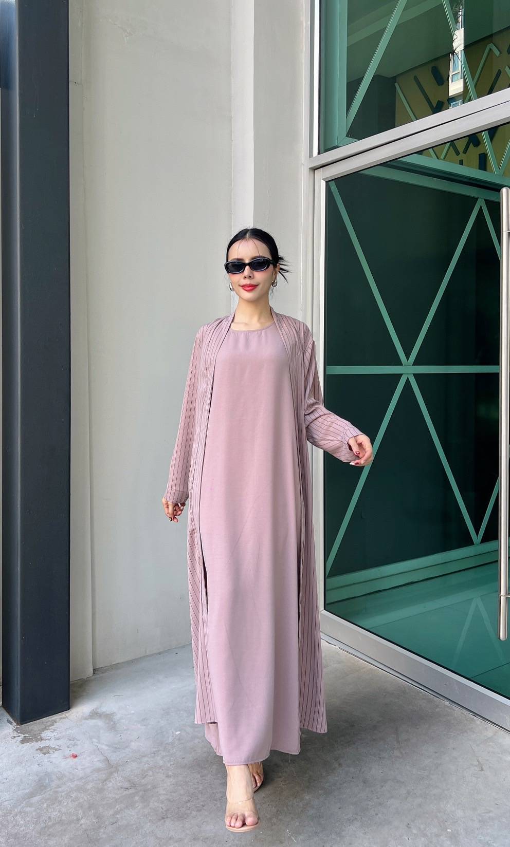 Dusty Lavender Pinstripe Printed Crepe Silk Dress