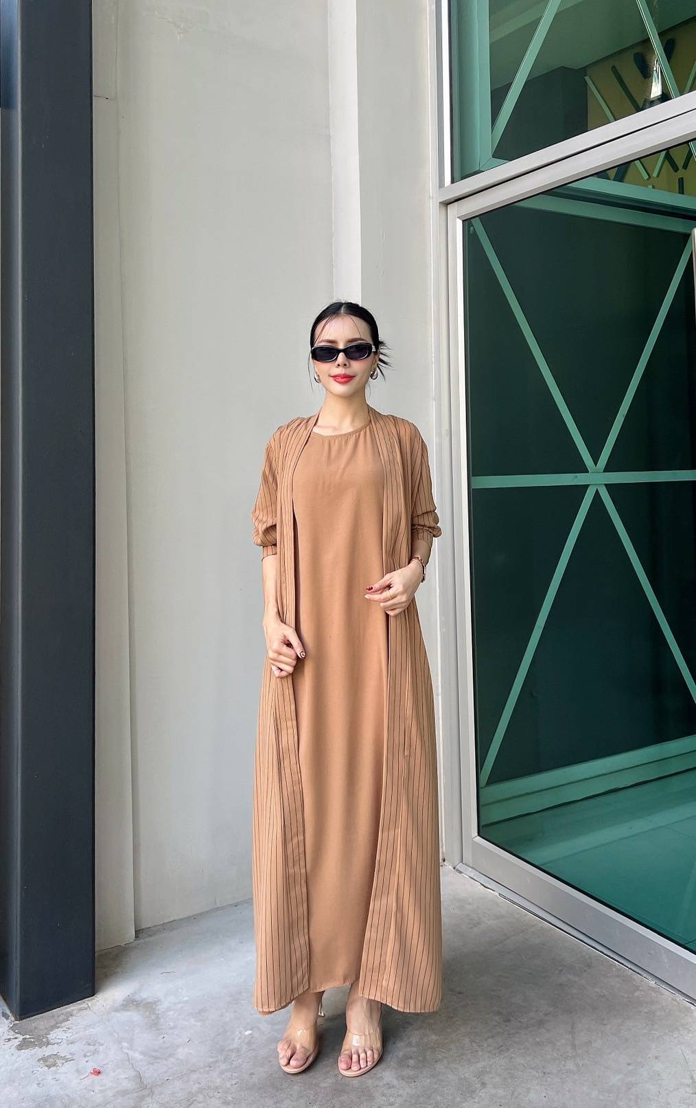 Camel Brown Pinstripe Printed Crepe Silk Dress