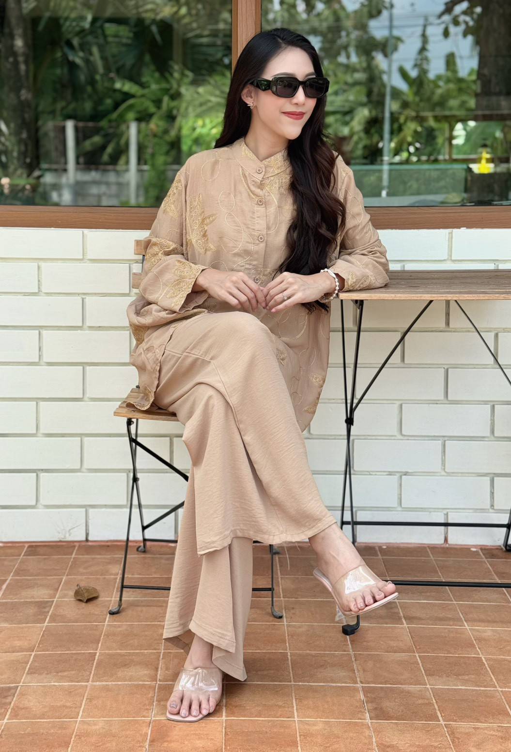 Sandy Beige Embellished Crepe Silk Co-Ord Set