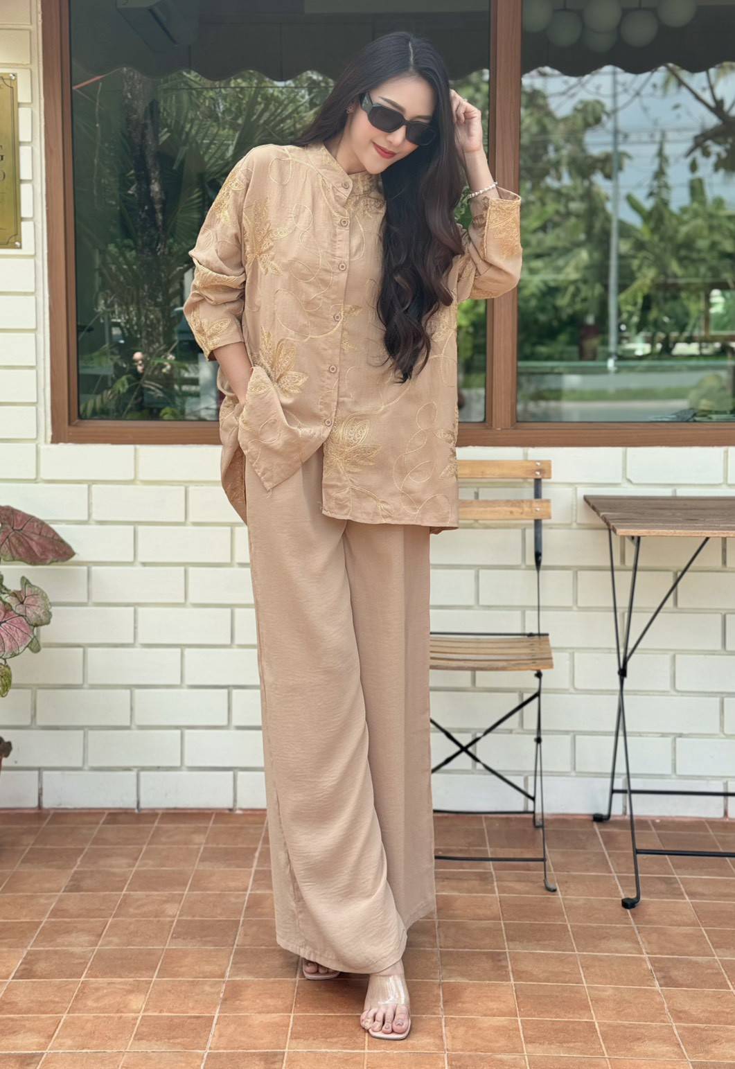 Sandy Beige Embellished Crepe Silk Co-Ord Set