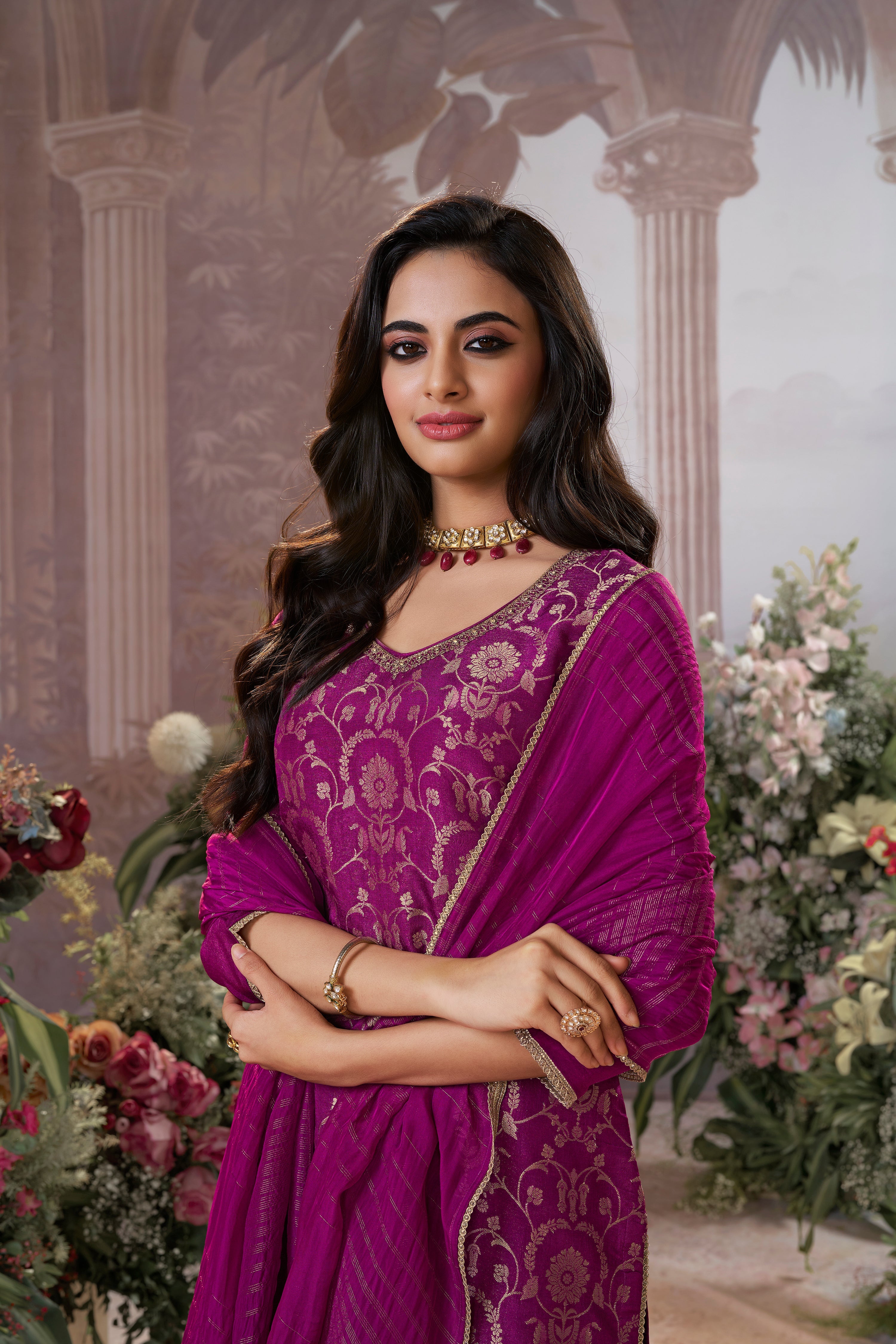 Tyrian Purple Embellished Premium Silk Pant Set