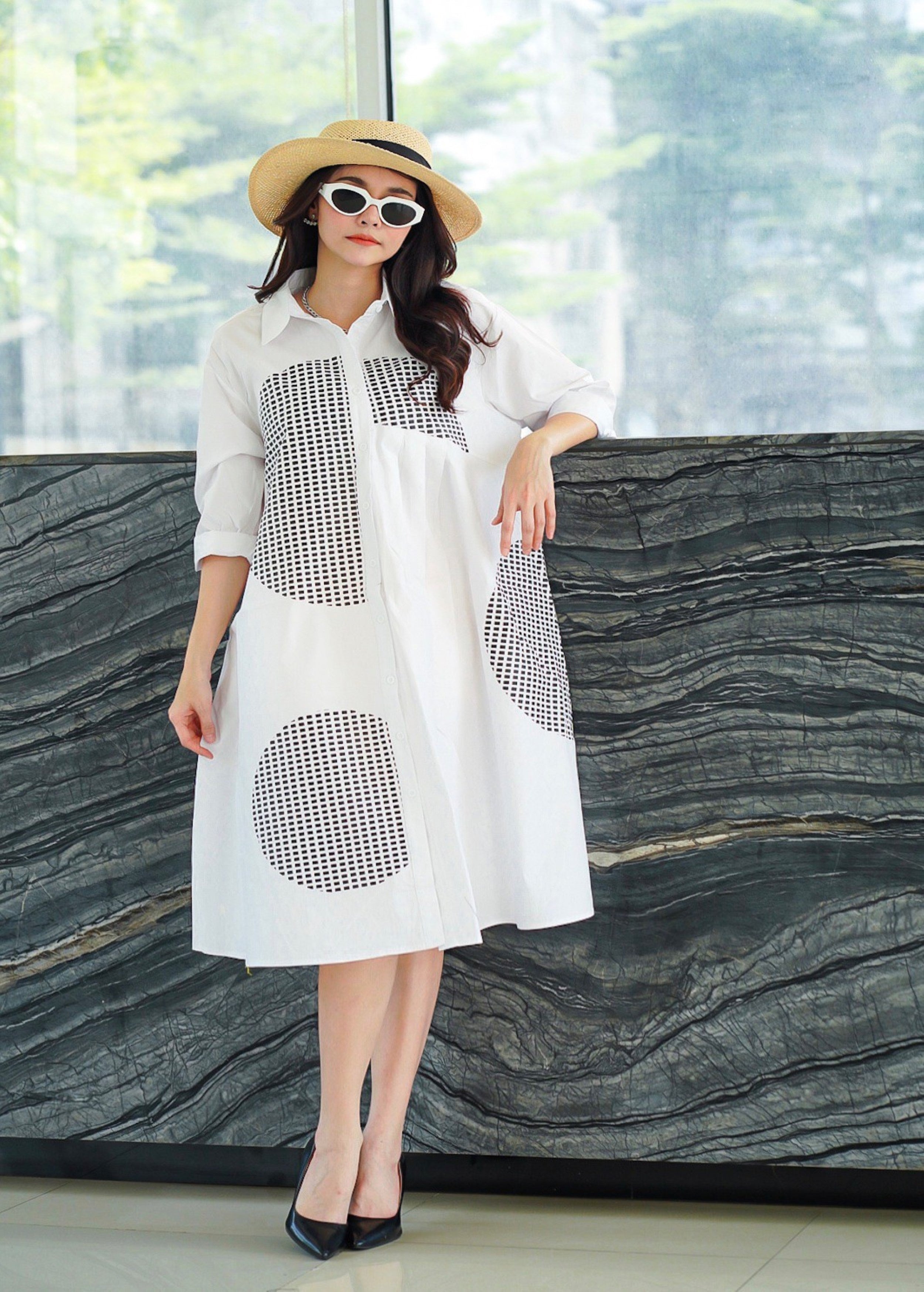 White Geometric Printed Cotton Dress