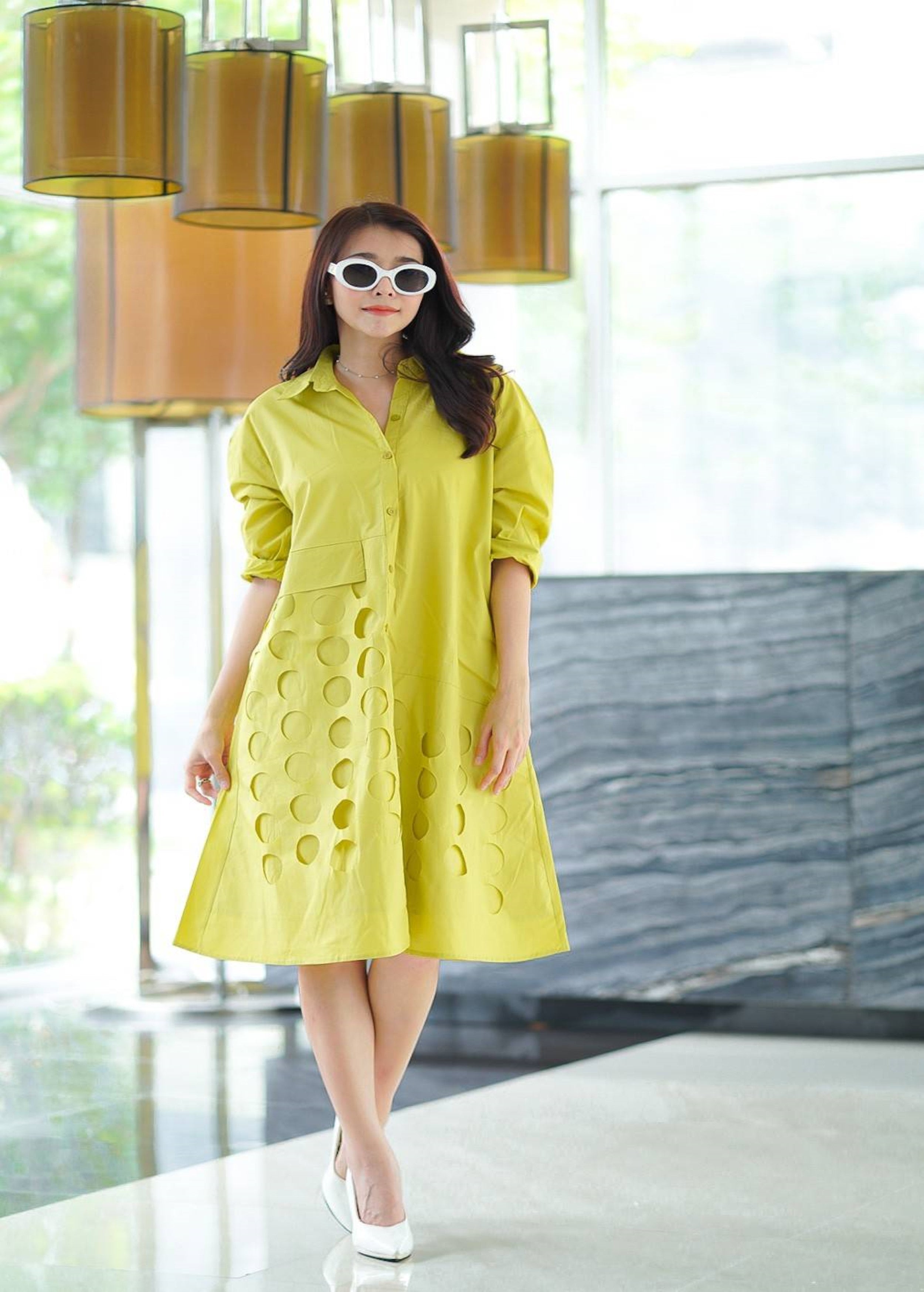 Lime Die Cut Panel Work Tunic Dress