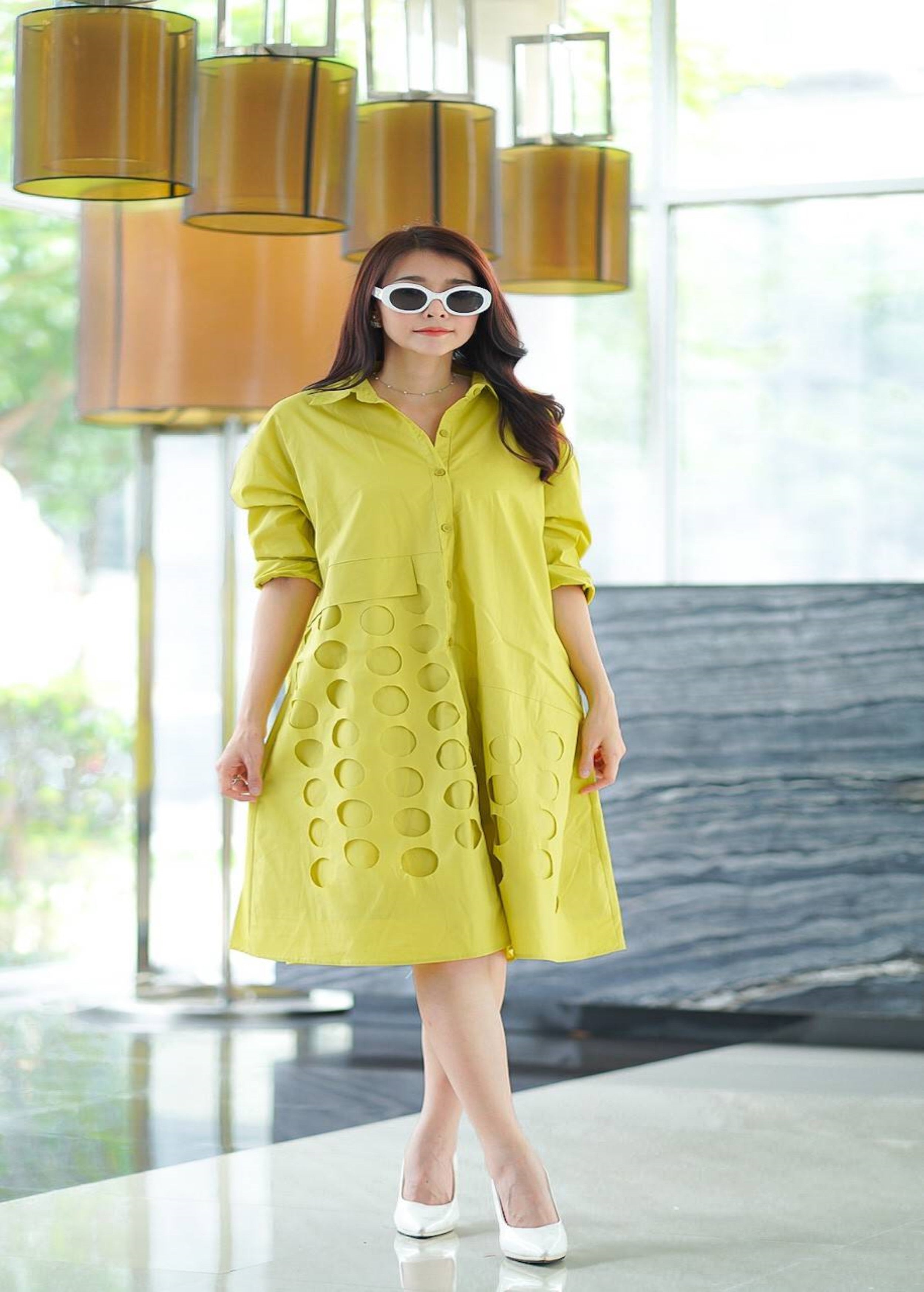 Lime Die Cut Panel Work Tunic Dress