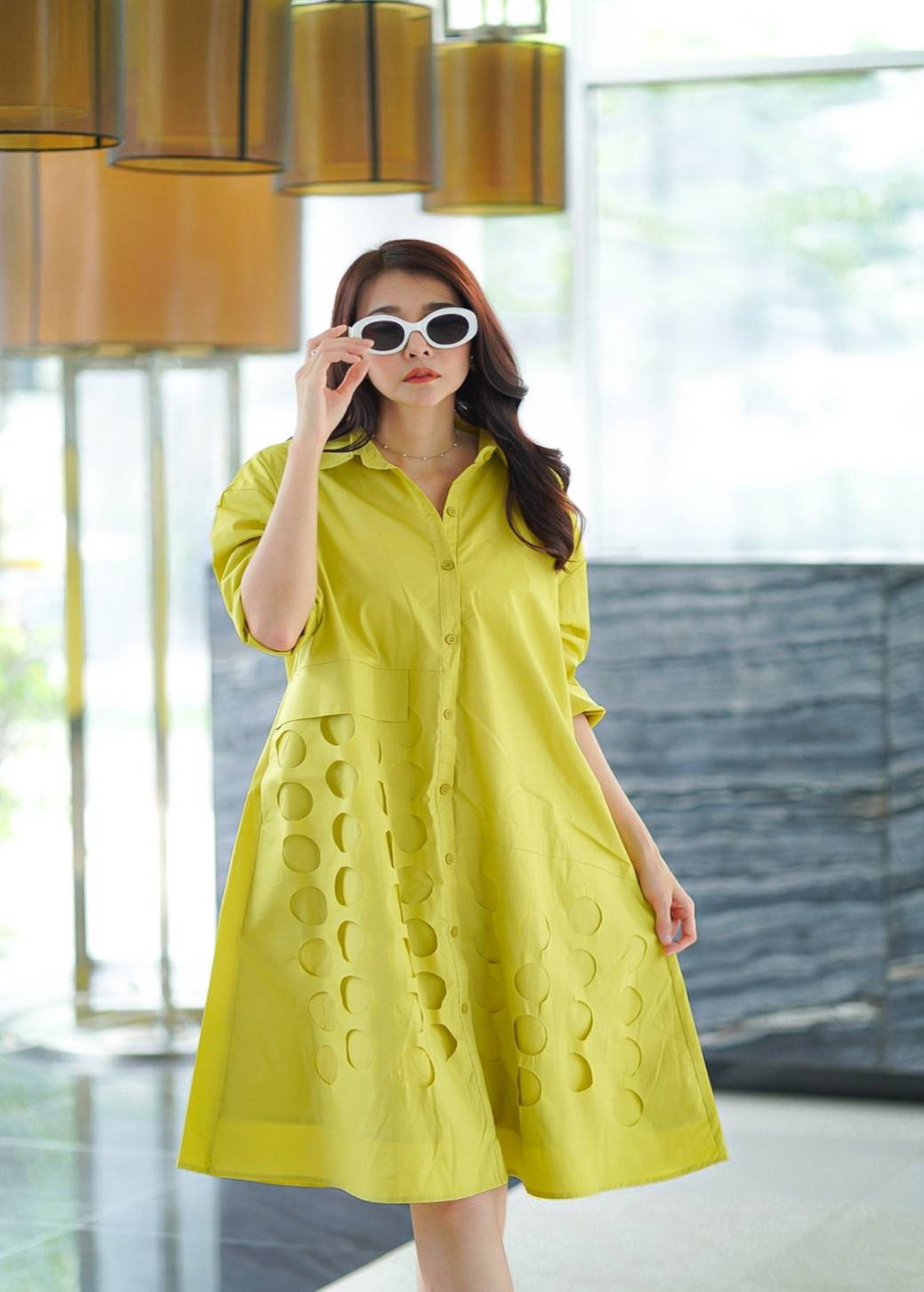 Lime Die Cut Panel Work Tunic Dress