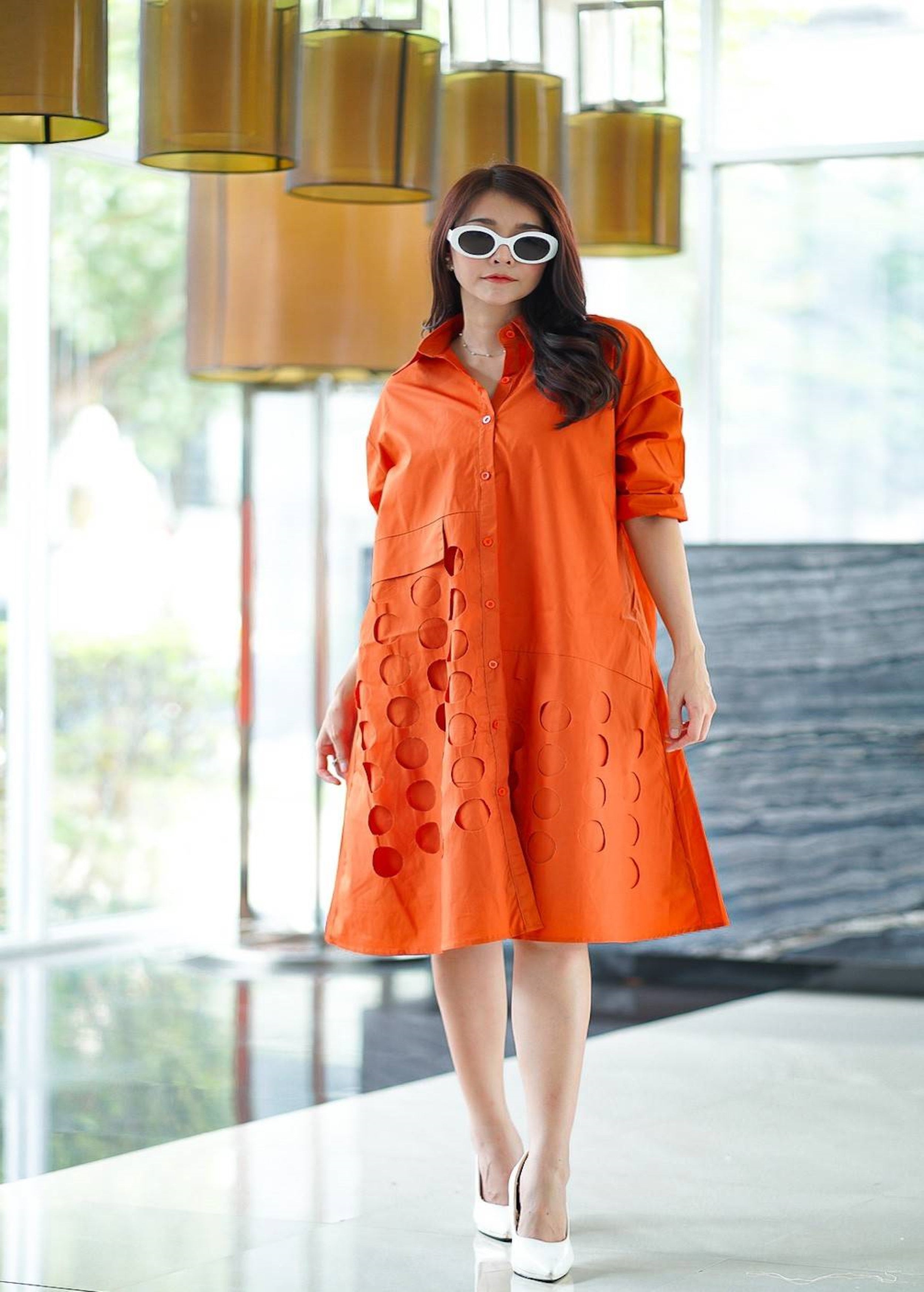 Bright Tangerine Die Cut Panel Work Tunic Dress