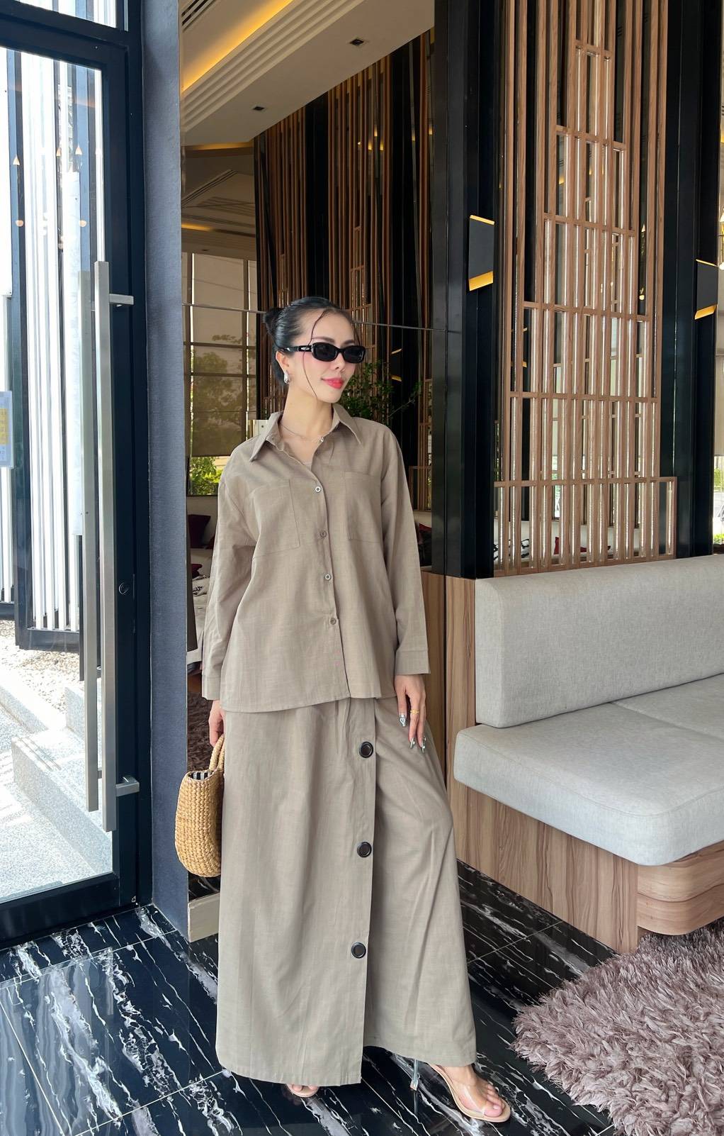 Greige Grey Button-Detail Organic Cotton Co-Ord Set